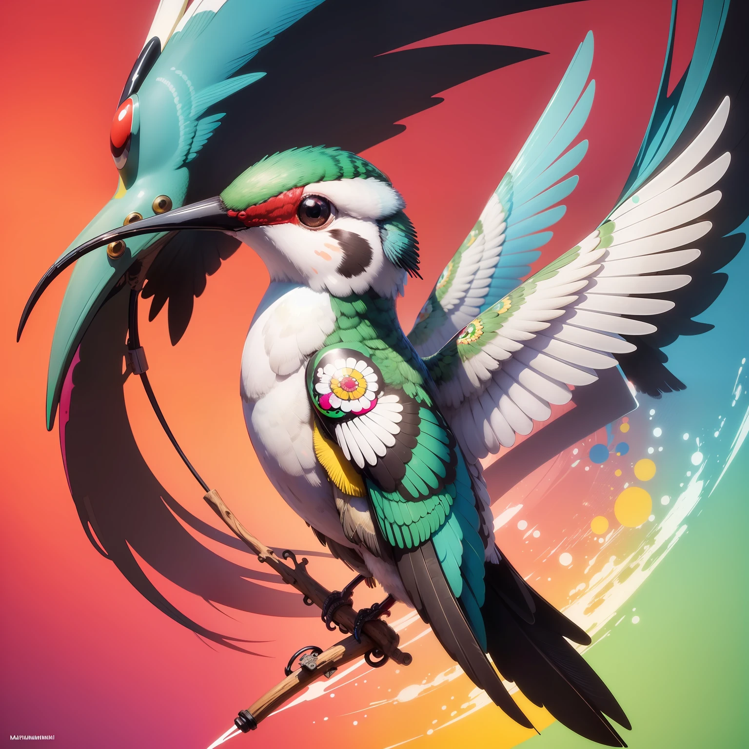(A hummingbird) retratado por Takashi Murakami ,High definition 32 K ,detalhes ,muito colorido,fundo oriental,detalhes