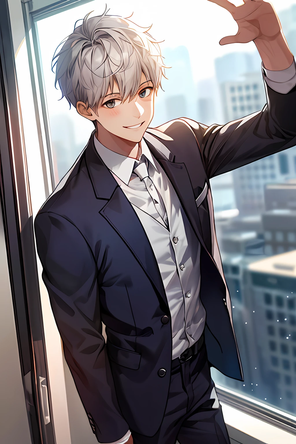 1boy，Face focus，AS-Adult，Business suit，jaket，white  shirt，tiese，trouser，best qualtiy，employee，detail in face，office room，The building outside the window，Background of details，Diffused sunlight，depth of fields，Background bokeh，Smiling