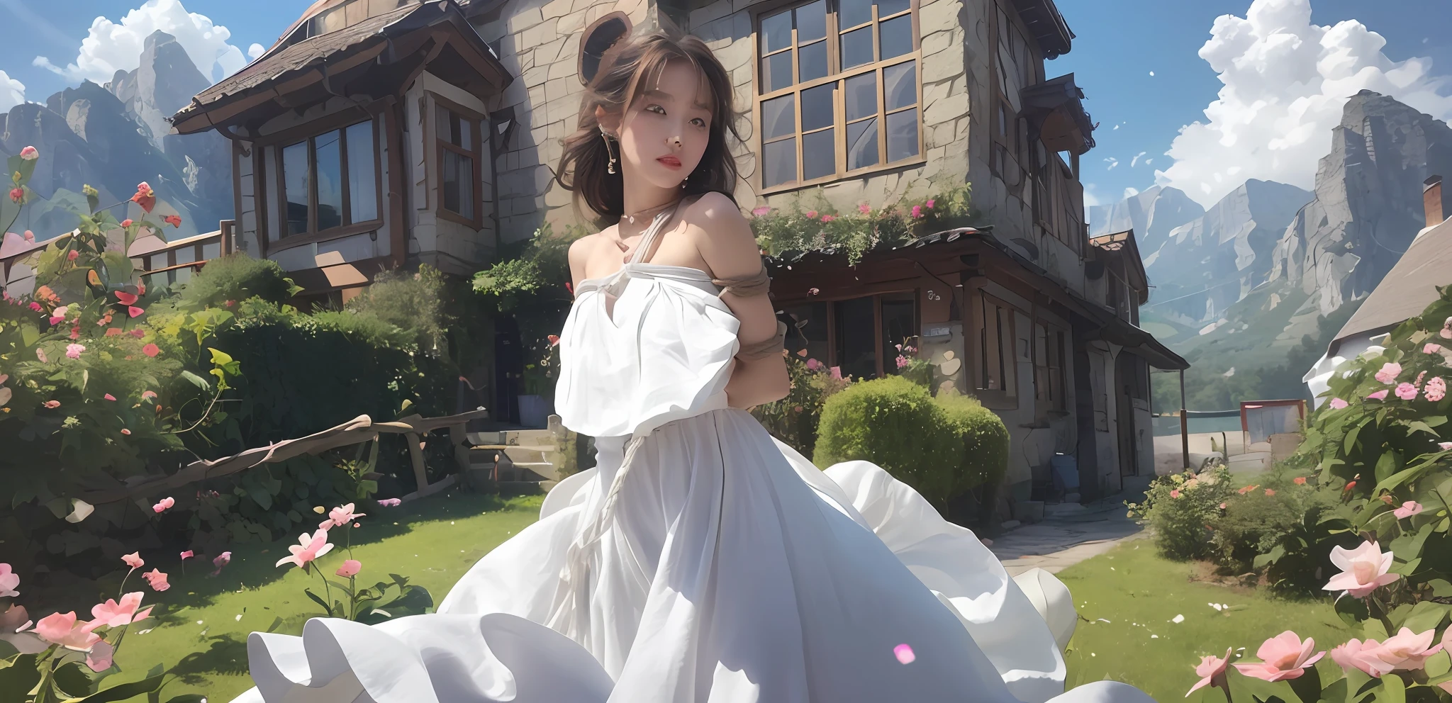 ((Best picture quality, 8K, tmasterpiece:white dresses，Cord，binding，Place your hands on your back，Girl bound by a rope，There is a rope on the chest