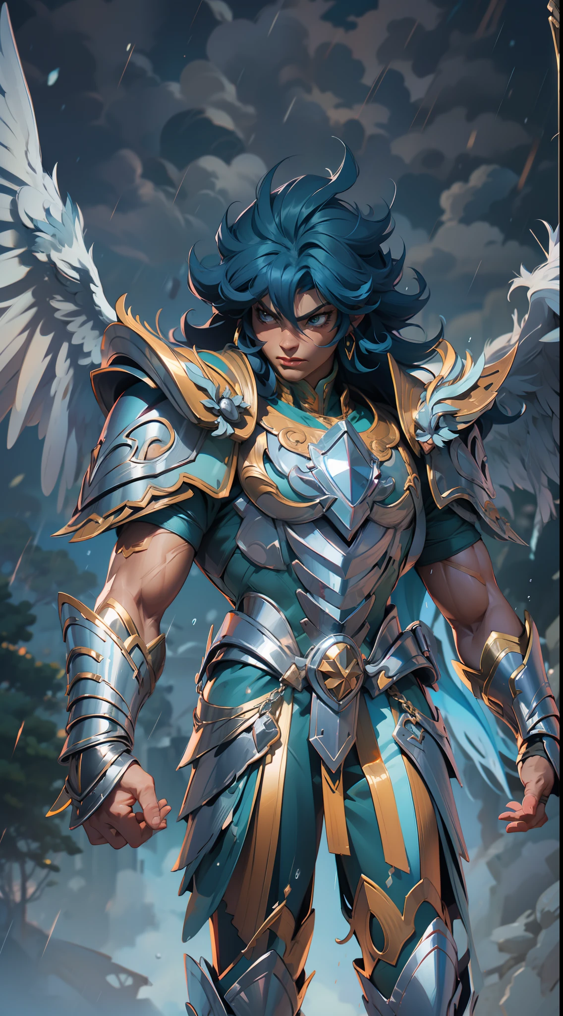 saint seiya pegasus seiya , super strong, muscular, raining, 35mm lens, photography, ultra details, precise texture details HDR, UHD,64K,