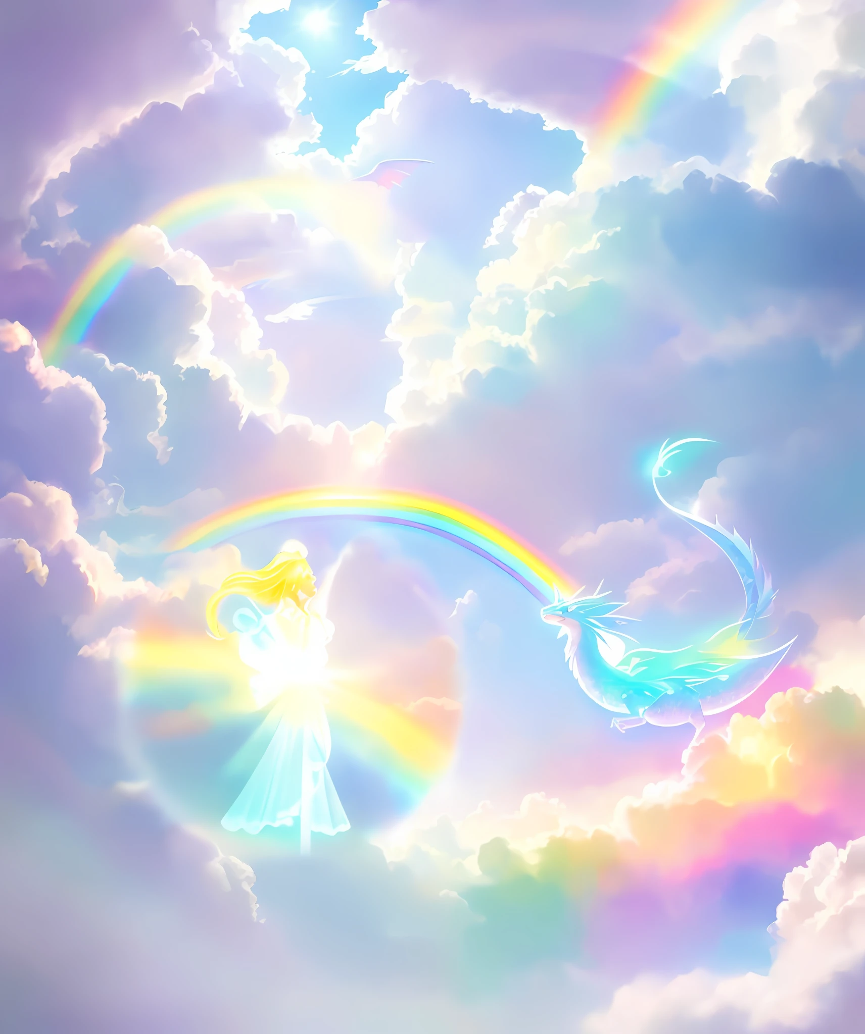 White bright sky, Translucent rainbow-colored child dragon and god of light converse, PastelColors, eyes gentle, natural soft light, Fantasyart, Soft lighting, Vector image, Professional Photography, isometric, Bright picture, World of Light,