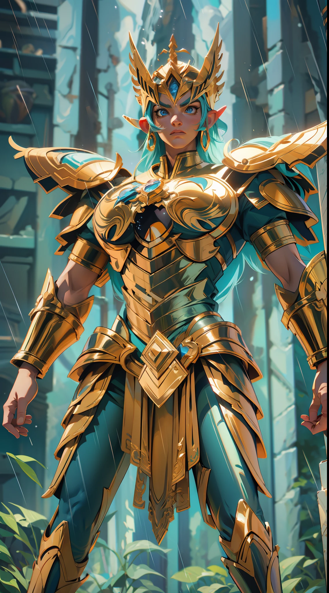 saint seiya pegasus seiya , super strong, muscular, raining, 35mm lens, photography, ultra details, precise texture details HDR, UHD,64K,