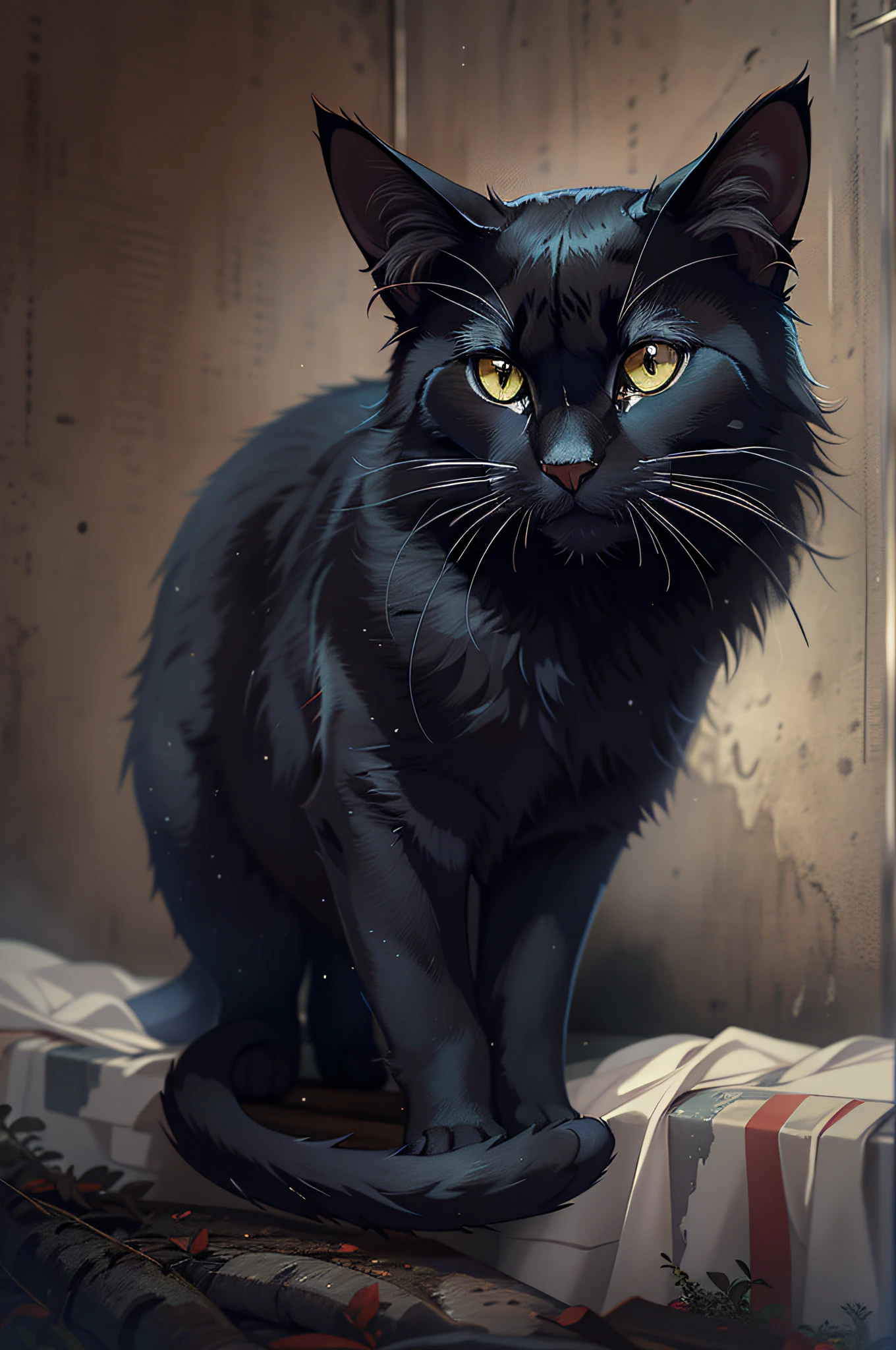 Um gato preto com manchas brancas, realista, detalhado