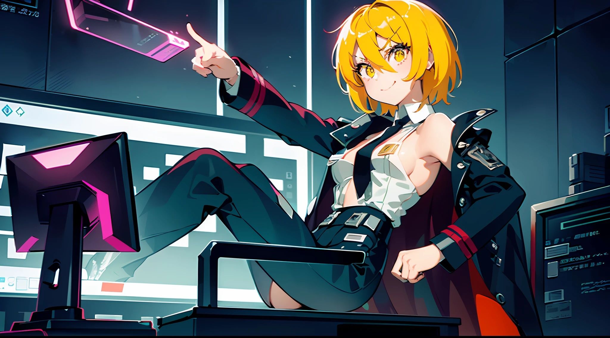 ((Best quality)), ((masterpiece)), (highly detailed:1.3), 3D,NeonNoir, one girl, solo, small chest, black office pants, side view, beautiful cyberpunk girl, girl is looking in computer, sitting, lollipop in mouth, (wearing head-mounted display that is chunky and hi-tech:1.2),wearing a cape, girl with blonde gair and golden eyes, smug smirk, hacking a computer terminal,PURPLE NEON LIGHT FROM MONITOR, GREEN NEON SIGNS ON THE WALL,