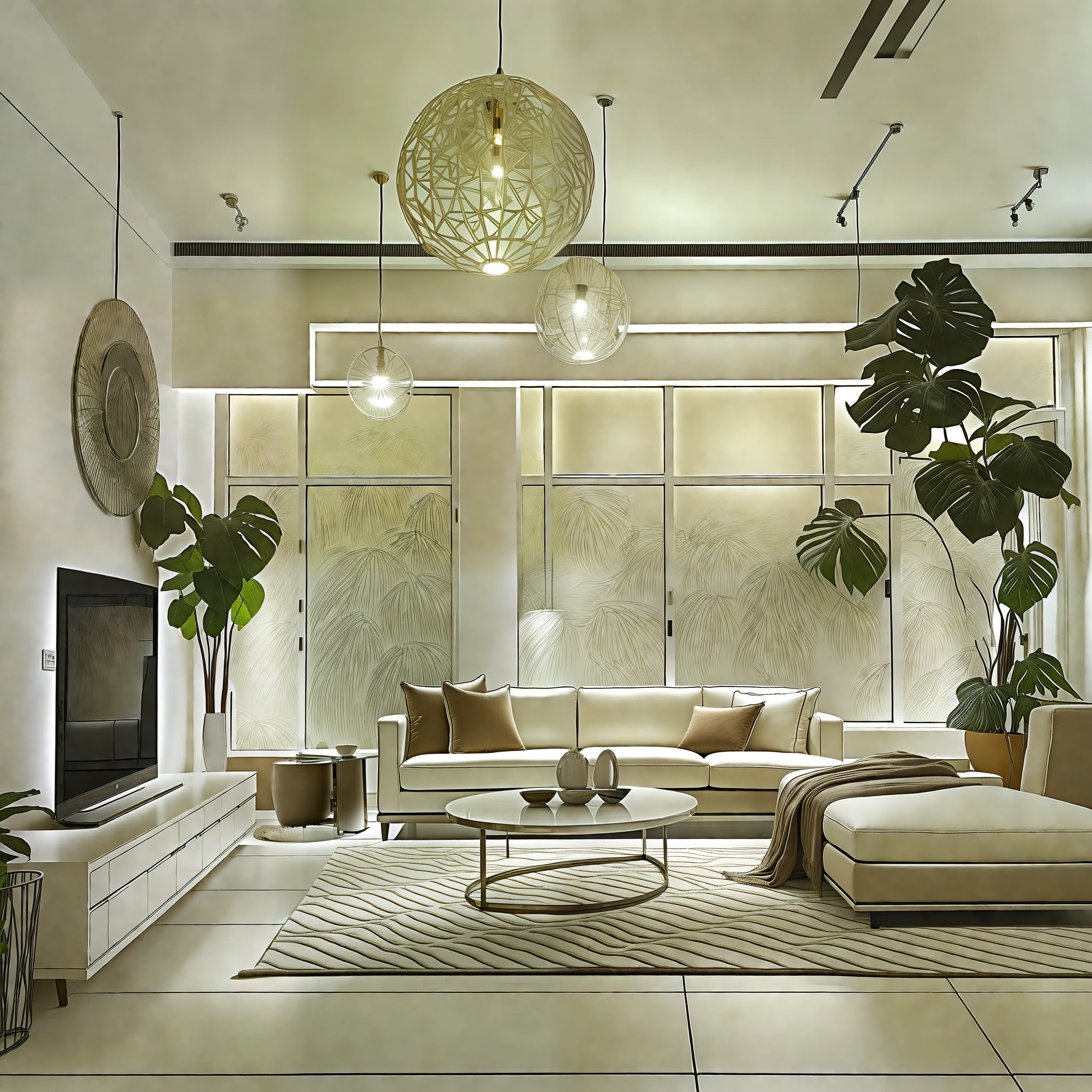 minimalist modern living room, white walls, large windows, neutral colors, clean lines, contemporary furniture, armchair, coffee table, rug, tv stand, open space, indoor plants, soft lighting, pendant lights, high resolution