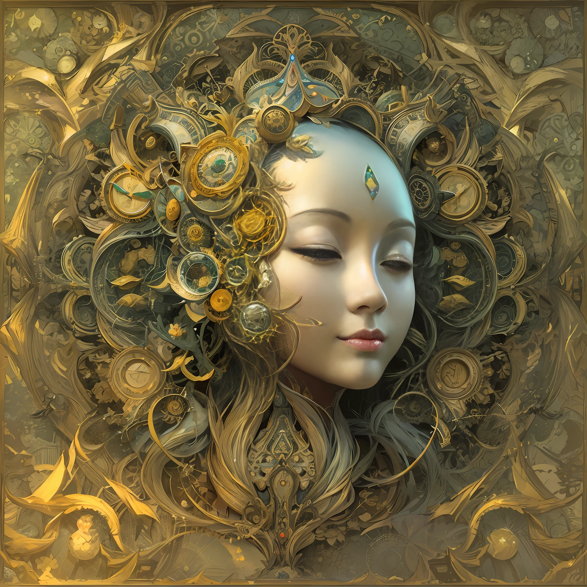 Imagine tranquil scenes inspired by Buddhist philosophy，A vibrant lotus flower stands against a background of intense yellow tones。The lotus flower symbolizes purity and enlightenment，Intricate petals bloom，emanating a sense of serenity。When you gaze deeper into the image，You will notice an arrangement similar to a mandala，The hands of the twelve-child portrait clock are elegantly placed。A fusion of Buddhist symbolism with astrological elements，a harmonious integration，Invites contemplation and a sense of eternal connection。(The sculpture is surrealist and realist: 1.5), (Shaman's DMT halo，Wear a transparent helmet，Brain prominence: 1.4), (Metal wings: 1.2), (Fox futuristic mask: 1.2), (Internet pop kawaii fractal art: 1.6), (The art style of Tobias Gramller，The shape of the light sliding feeling: 1.6), (Organic geometric mixture: 1.6), (The shaman's head reflects happiness in a surreal way，As a state of mind and state of mind:  1.2), (mask creates motion and warping in light: 1.3), (Ultra-high resolution: 1.4), (ray traced lighting: 1.4), (subsurface scattering skin: 1.2), (particle fx: 1.4), (Depth of field: 1.4), (geometric-dotist abstraction: 1.6), (generative fluid fractal algorithm: 1.6).