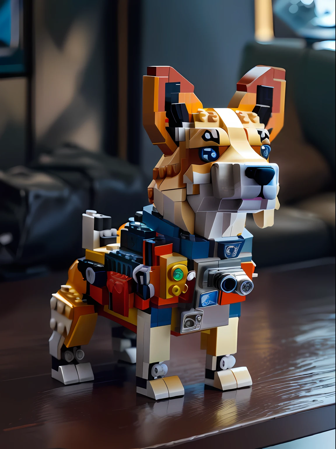 Lego dog sitting on table，The camera was in his mouth, legoshi from beastars, made of lego, beastars legoshi, very very highly detailed, very high detail, highly detailed toy, depicting a corgi made of fire, voxels art, corgi cosmonaut, extremly high detail, mega highly detailed, author：Emma Andievska