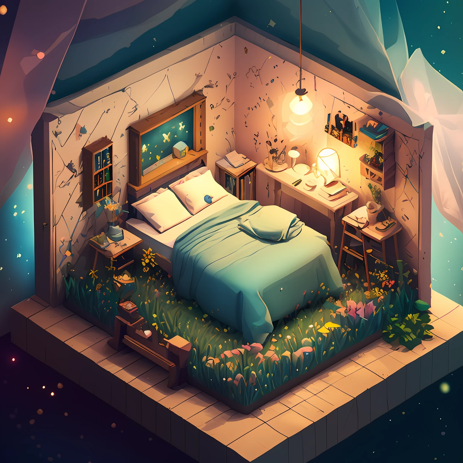 wide wide shot,Room with bed and table,low poly render,Inspired by Cyril Rolando,pixelart,Beautiful isometric garden,Underwater in the ocean at night,small and cosy student bedroom,Inside the children's bedroom,organic isometric design,portfolio illustration,Lovely detailed artwork,Buzzer rendering,blurry and dreamy illustration
