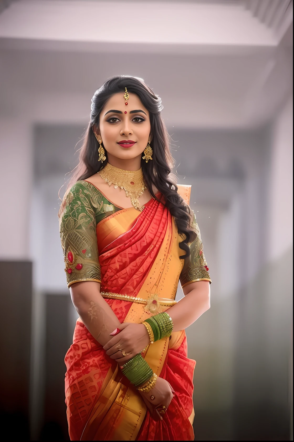 a woman in a red and yellow sari poses for a picture, traditional beauty, traditional, traditional female hairstyles, very beautiful enga style, traditional makeup, with lovely look, indian, indian style, dressed in a sari, wearing sari, adorned with precious stones, colorful with red hues, wearing a sari, gorgeous woman, dramatic smile pose intricate, traditional art, wearing elegant jewellery