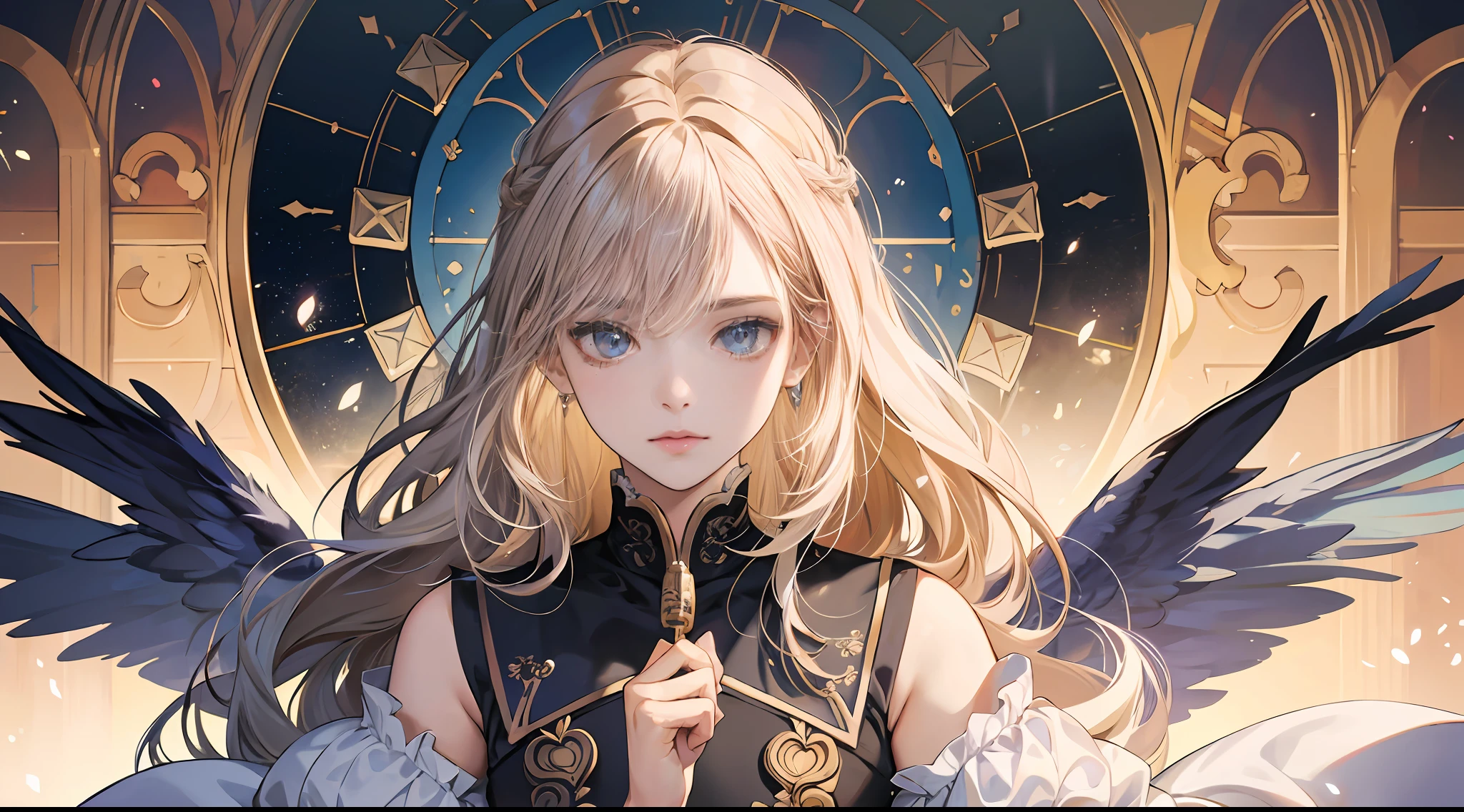 (absurderes,A high resolution,ultra - detailed),1girll,a matural female,whaite hair,long whitr hair,bluntbangs,eBlue eyes,shift dresses,longer sleeves,Delicate eyes and delicate face,A half body,sportrait,intricately details,Break the art of mosaics,Basic session,Colored inlay、Intricate patterns、Time-honored technology BREAK macro photography、Extreme close-up、Complicated details、enlarged textures、Amazing clarity、Hidden beauty、Immersive perspective breakthrough 、Create by hand、Handmade products、Unique design、Complicated details、Creative expression,white backgrounid