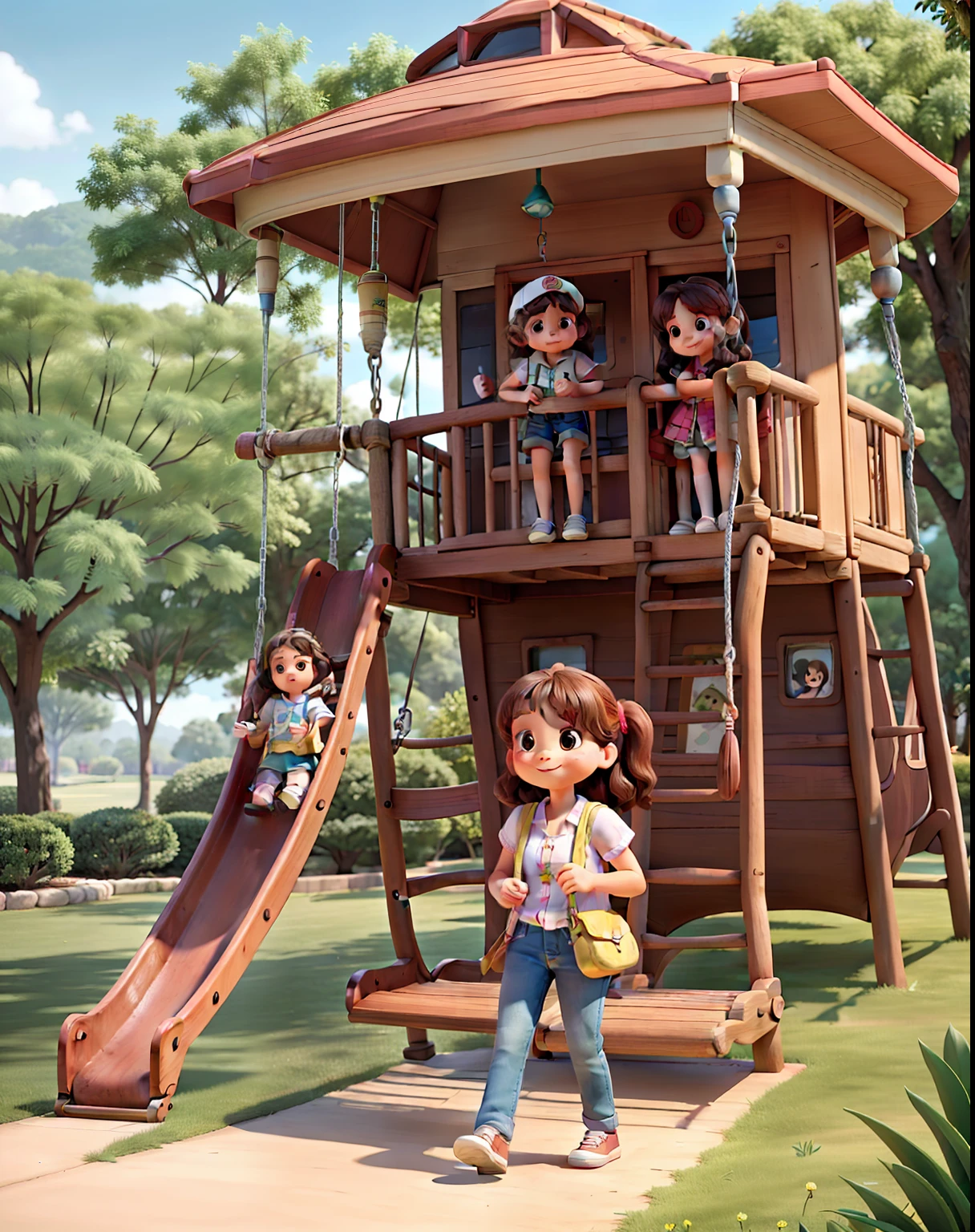 Um dia, while looking at old photo albums, Grandma and Mom found a special image from when they were children. Nessa foto, elas estavam brincando em um parque encantado, with a swing and a slide.