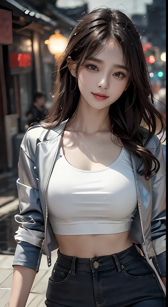 (8k, best quality, masterpiece:1,2), (realistic, photo-realistic:1,37), top quality, masterpiece, a beautiful woman, wearing a shirt for women crop v neck top white t-shirt korean fashion women t with a tight open gray color jacket, beautiful and toned body, cleavage, floral mini skirt, walking in the suburbs, slightly drizzling night background, in shops with Korean-style shop lights, night atmosphere, slightly wet asphalt, seductive smiles with dimples,
