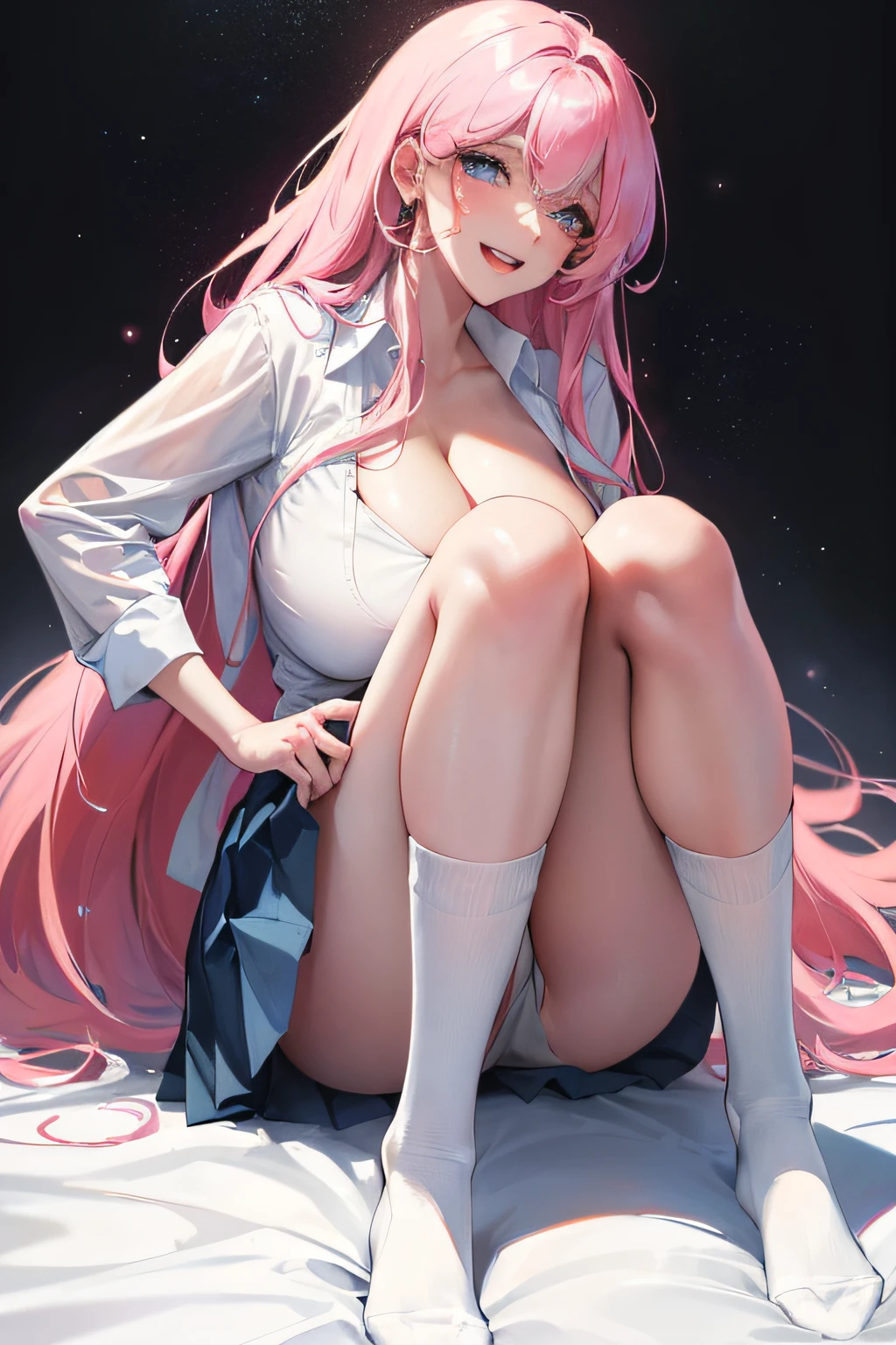 Official fine art,tmasterpiece,Sharp focus,(Beautiful gorgeous lovely Korean women:1.3),(beautiful lovely Korean people:1.3),South Korean beauties,Delicate and beautiful hair and eyes and face,realisticlying,ultra - detailed,a beauty girl,Glowing white particles,(side-lighting:1.2),Slender,Cute big breasts and big buttocks,Toothy laughter,((Laugh and open your eyes)),scenecy,Long straight hair, sexy facial expression, Dynamic hair, Long straight hair, Delicate platinum-pink hair, glow blue eyes, (blue pleated shirt+white skirt), Long white socks, paleskin, hair adornments, Official fine art,tmasterpiece,Sharp focus,(best qualtiy, 8K, tmasterpiece:1.3,Delicate and beautiful hair and eyes and face,realisticlying,ultra - detailed,a beauty girl, Focus:1.2, Perfect figure to sit on the bed:1.4,White shirt,a black pleated skirt,Raise your legs high,White knee-length socks,legs are open,Realistic details,female high-school student,Lori huge breasts cleavage,The lower body is visible