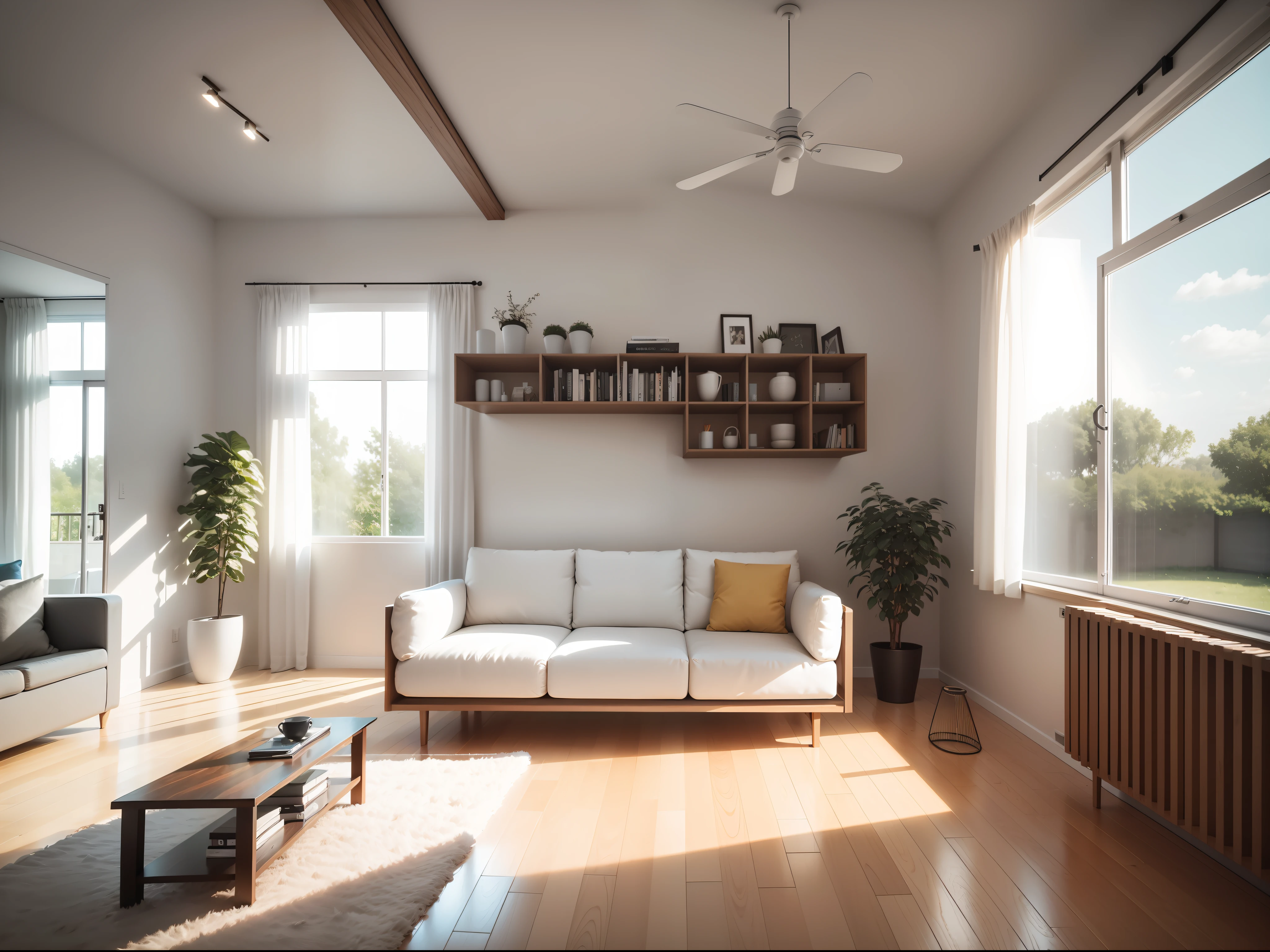 modern living room,liveroom,bookshelves,Modern furniture made of natural materials、Clean geometry,and a light and airy room layout,Minimalist style、Neutral tones、geometric shapes、Natural light、Simple décor,Simple and cozy atmosphere,Characteristics of the generation style,Create a unique design style,tmasterpiece,best qualtiy,Real Photographics,very wide angle shot,depth of fields,3D stereoscopic effect,hyper HD