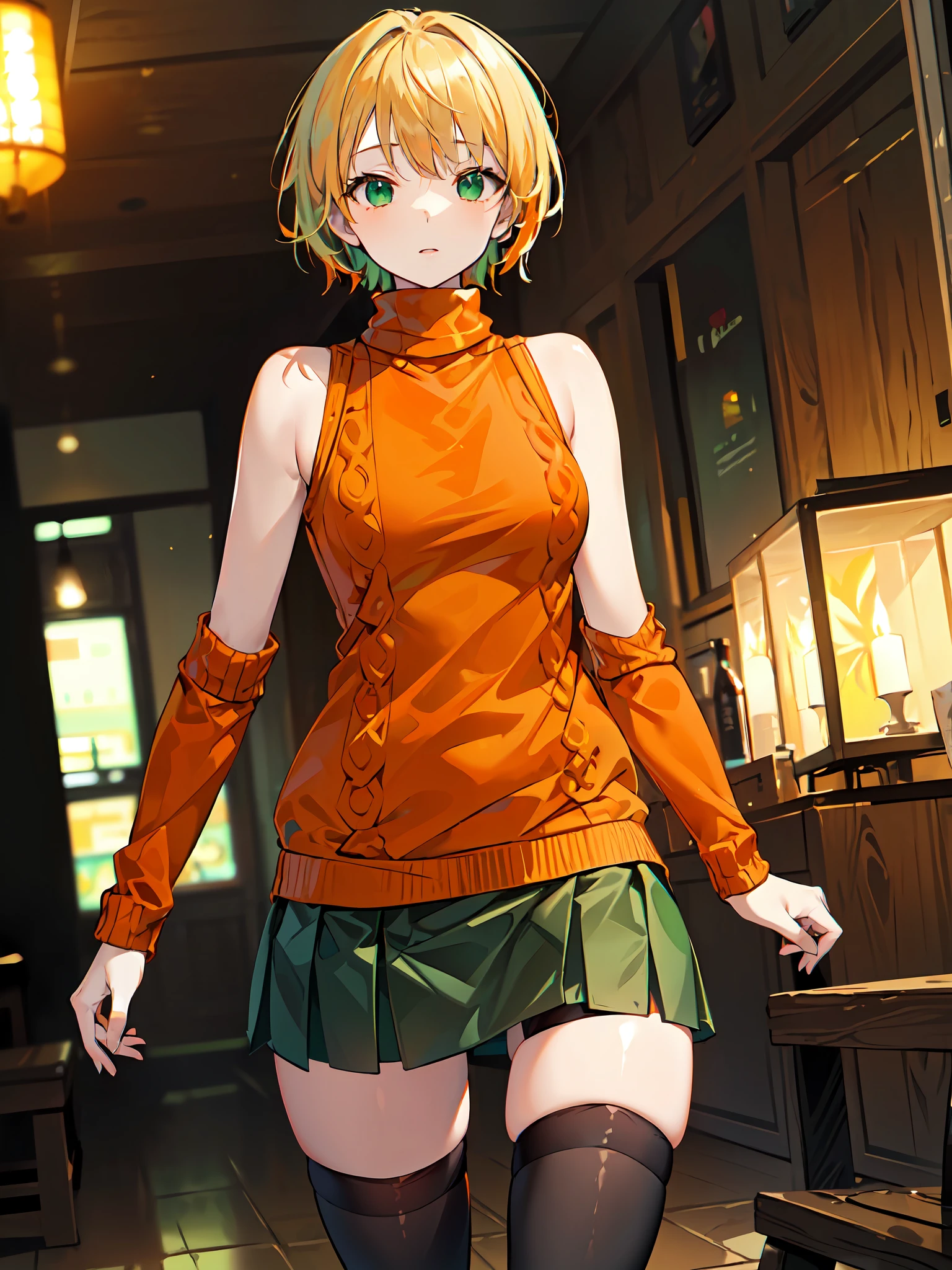 ((masterpiece)), ((pale skin)), (bokeh effect), (dynamic angle), sharp eyes, (solo:1.2), (female:1.1), (blonde:1.1), (orange sweater:1.5), (green short skirt:1.5), (short hair:1.1), bare shoulders, (black thighhighs:1.2), (sleeveless:1.2), (turtleneck:1.2)