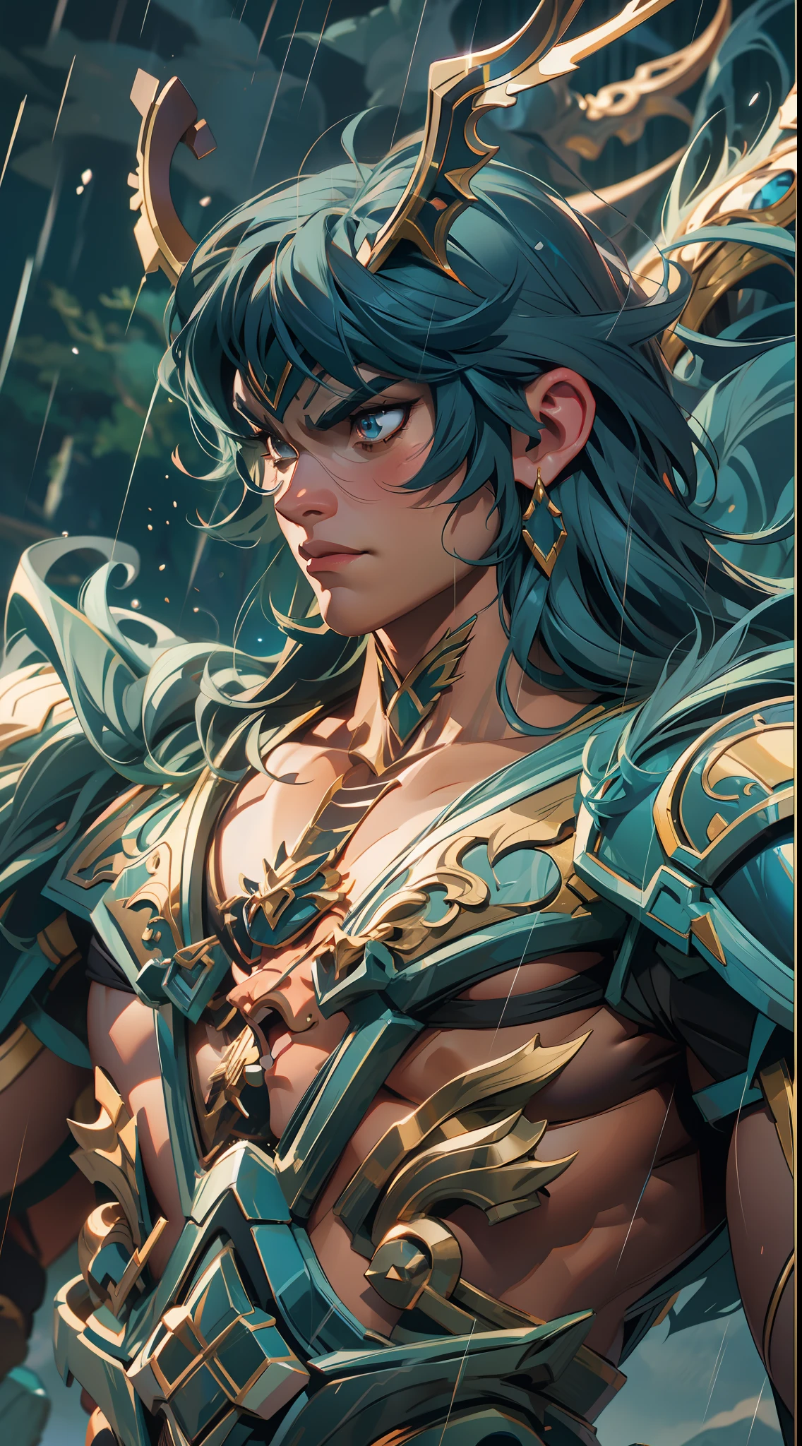 saint seiya dragon shiryu , super strong, muscular, raining, 35mm lens, photography, ultra details, precise texture details HDR, UHD,64K,