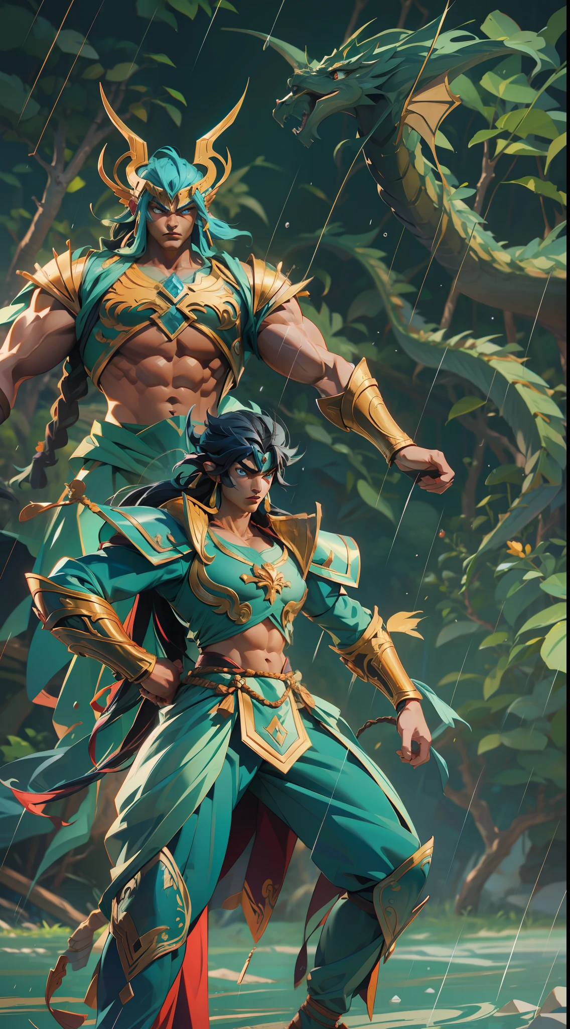 saint seiya dragon shiryu , super strong, muscular, raining, 35mm lens, photography, ultra details, precise texture details HDR, UHD,64K,