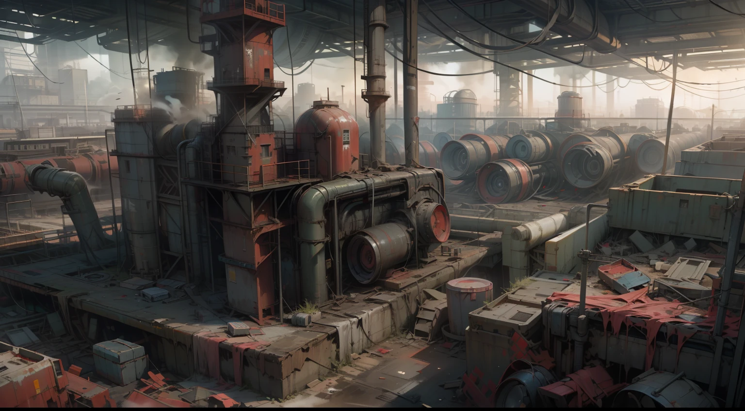 Large expanses of abandoned factories,Many chimneys,A large amount of industrial waste,Low saturation,Cinematic shot-style,illusory engine,trending on artstationh,No Man,4K hyper-detail,Doomsday atmosphere,Gloomy sky,There is no light,Red light