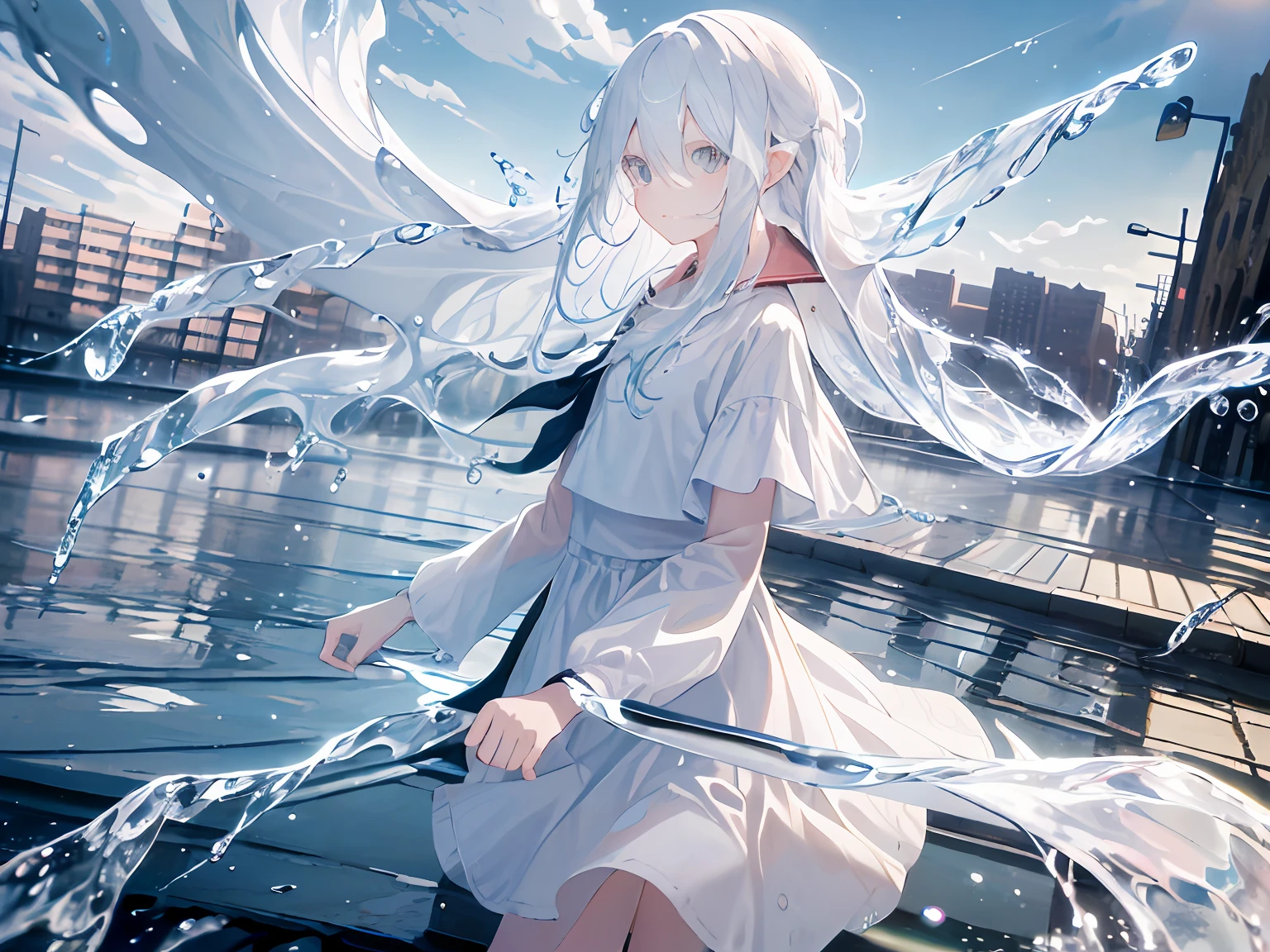 (Background), masterpiece, best quality,Illustration, Wallpaper, ultra detail, absurdres, 1girl, solo, (liquid hair:1.2), beautiful detailed eyes,
bangs, cowboy shot, long hair, magical girl, white hair, waves,  water,  water drop, looking to the side, wading, 
(street:1.5),  sun, cloudy sky,