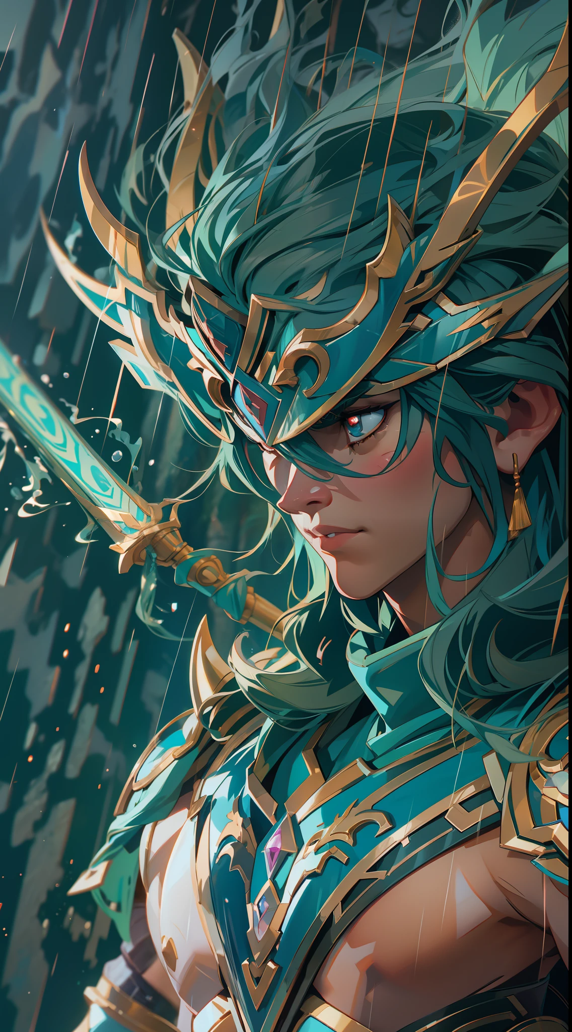 saint seiya dragon shiryu , super strong, muscular, raining, 35mm lens, photography, ultra details, precise texture details HDR, UHD,64K,