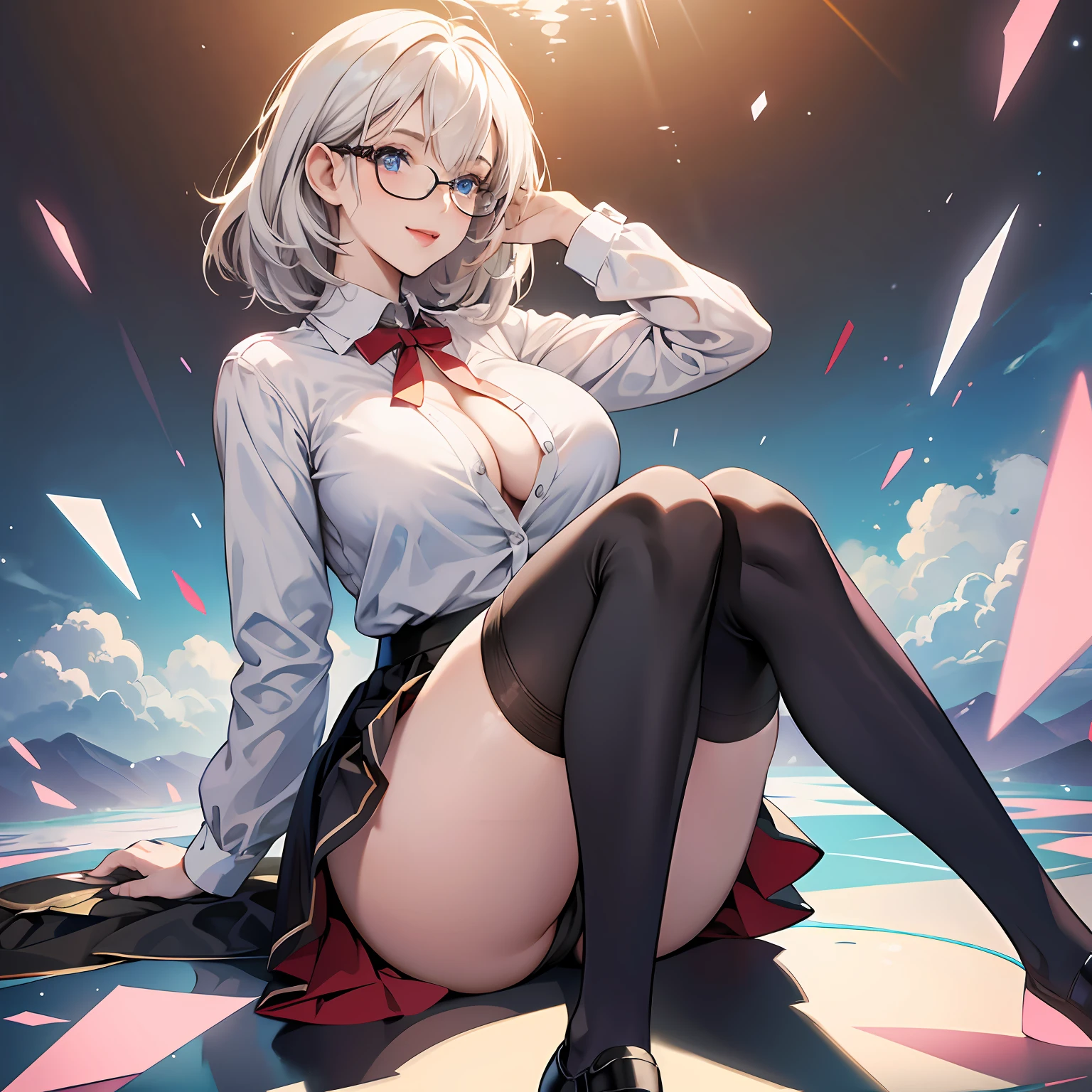 High image, Super Detail, High resolution, Anime, Manga, Illustration, Black Knee High Socks, thighs thighs thighs thighs, Unbuttoned white shirt, Black tight mini skirt, Glasses, Intelligent beauty, Laugh mischievously, Happy, Shy, Seductive moist ajar red lips, Ecstatic expression, Amorous expression, Seductive look, Flowing layered Messy medium short white hair, Sparkling blue eyes, Huge breasts, under the boobs, great proportion, perfectly proportions, slender, Full body