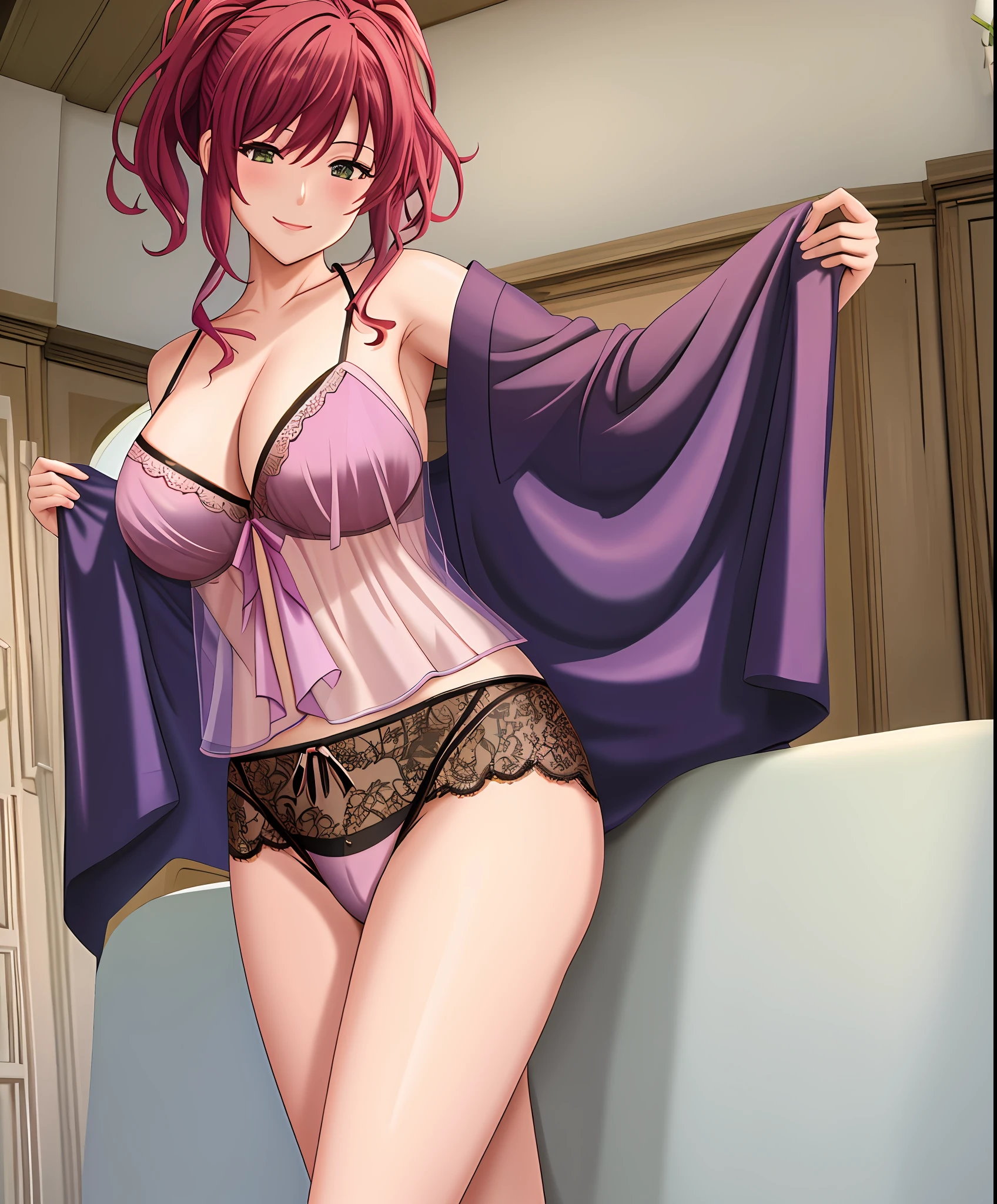 4K, Masterpiece, highres, absurdres, smiling,edgTemptation, a woman in a sexy lingerie sheered robe posing for a picture , wearing edgTemptation, Marie Mamiya