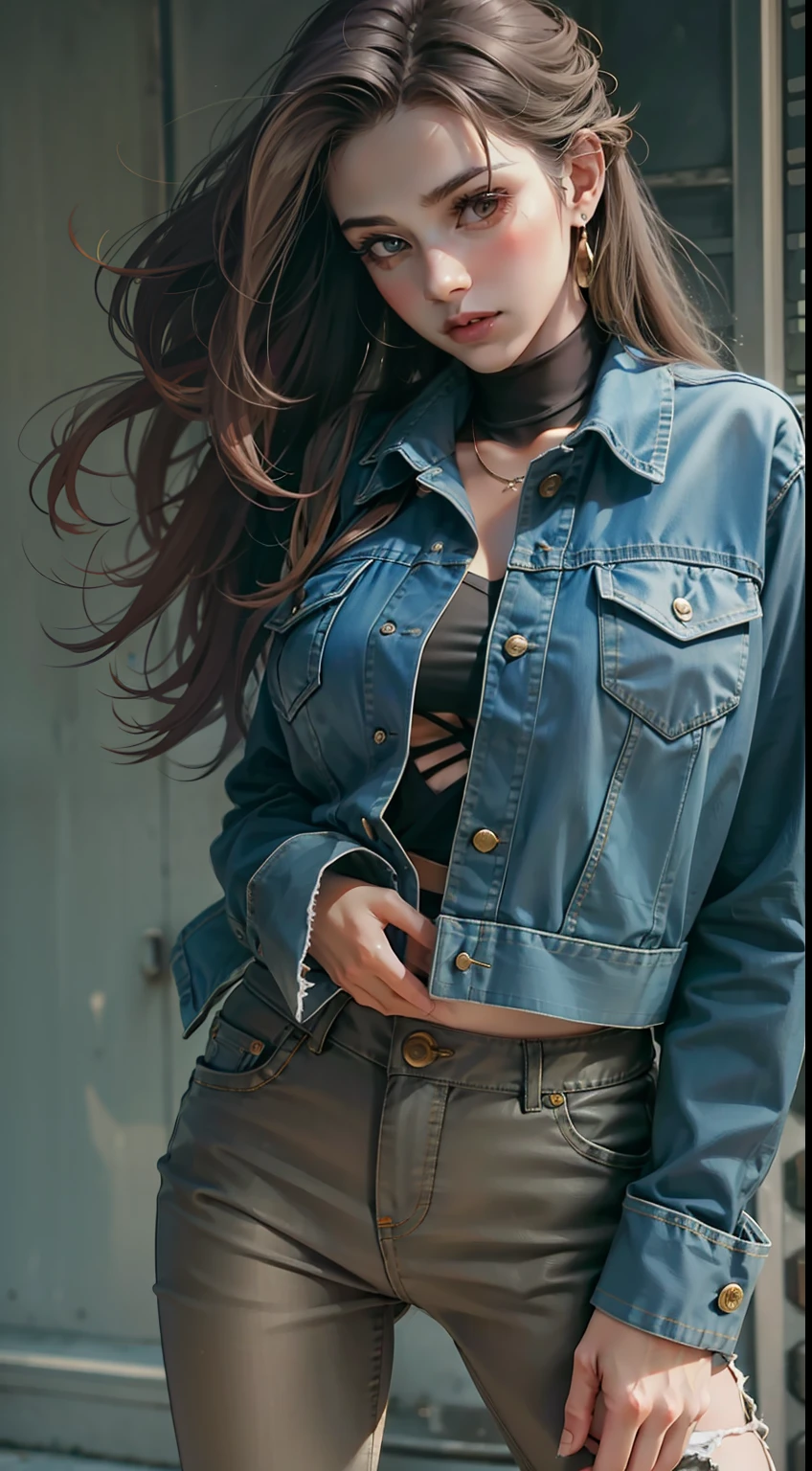 Beautiful woman in intricate Classic Denim Outfit