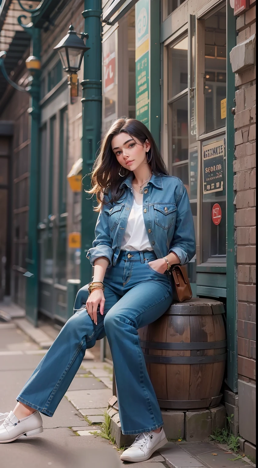 Beautiful woman in intricate Classic Denim Outfit