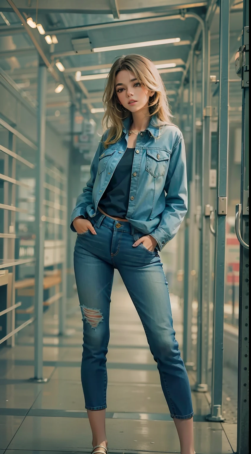 Beautiful woman in intricate Classic Denim Outfit