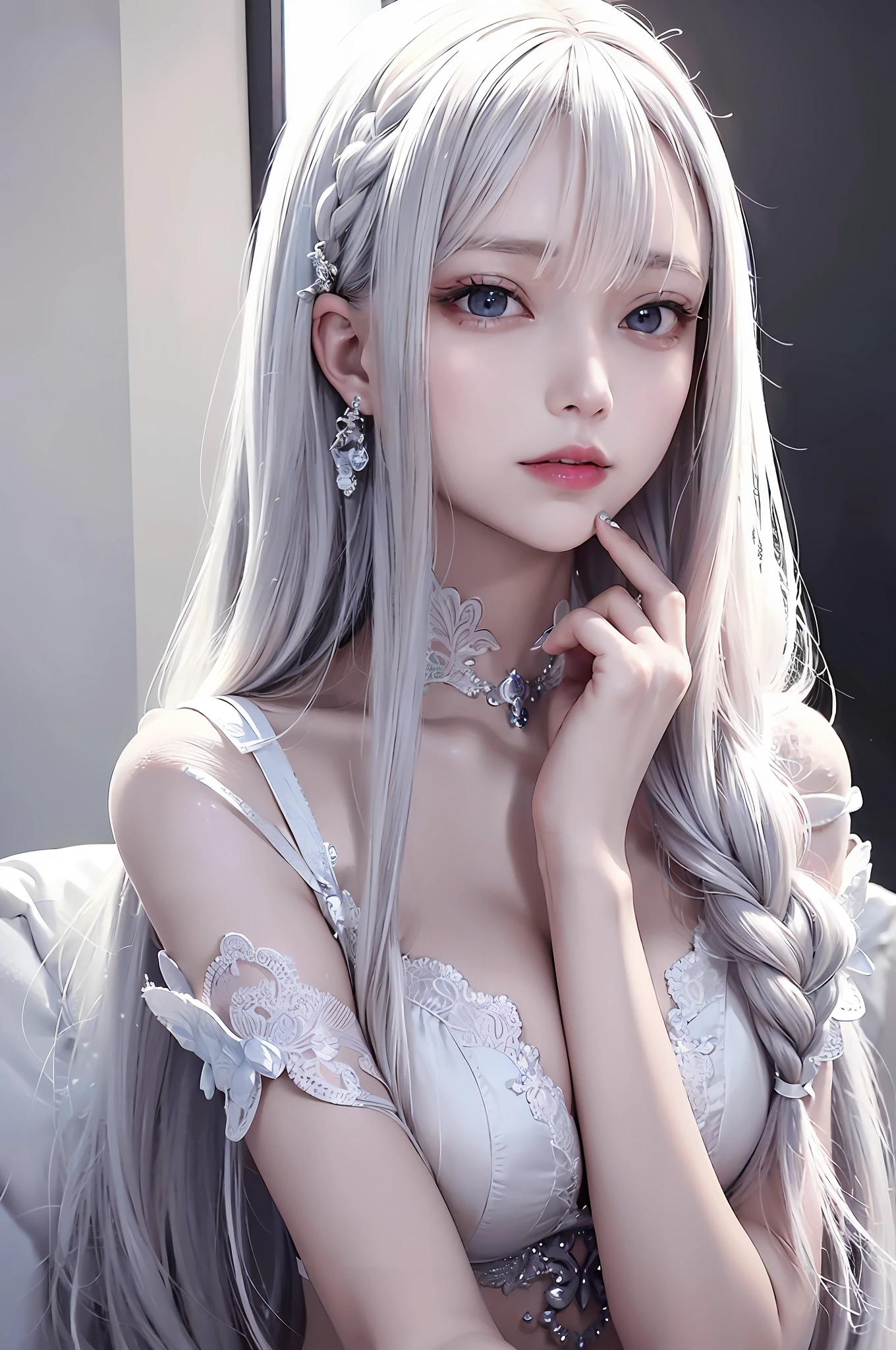top-quality、masterpiece、8K、femele、white hair、Akame、white clothes、look up to、full bodyesbian、Hair strands、light skinned、smil、Side braid、Detailed hair strands、A detailed eye、A detailed face、Detailed mouth、Detailed hand、Detailed finger、(Accurate human skeleton)、Slim body、
