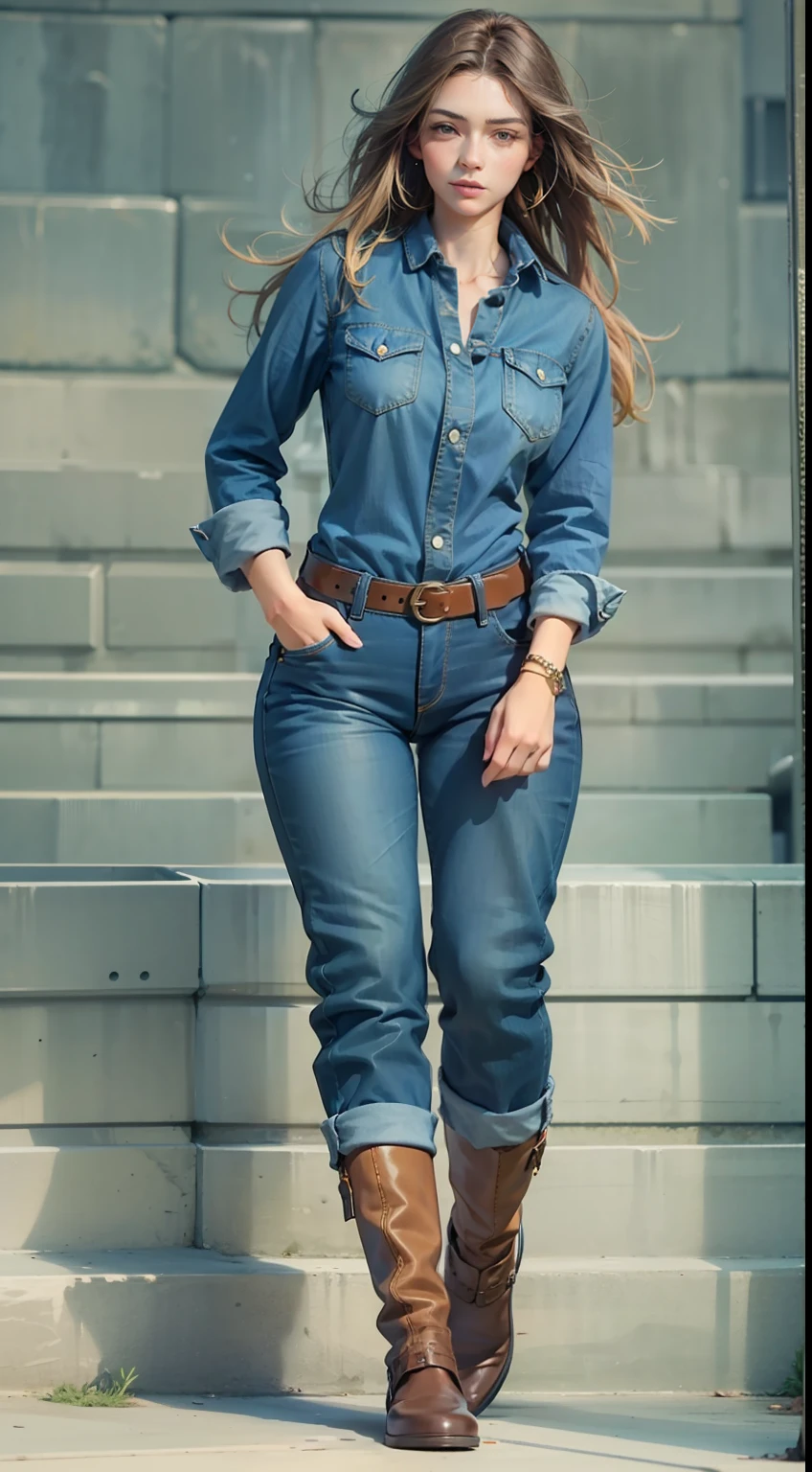 Beautiful woman in intricate Classic Denim Outfit