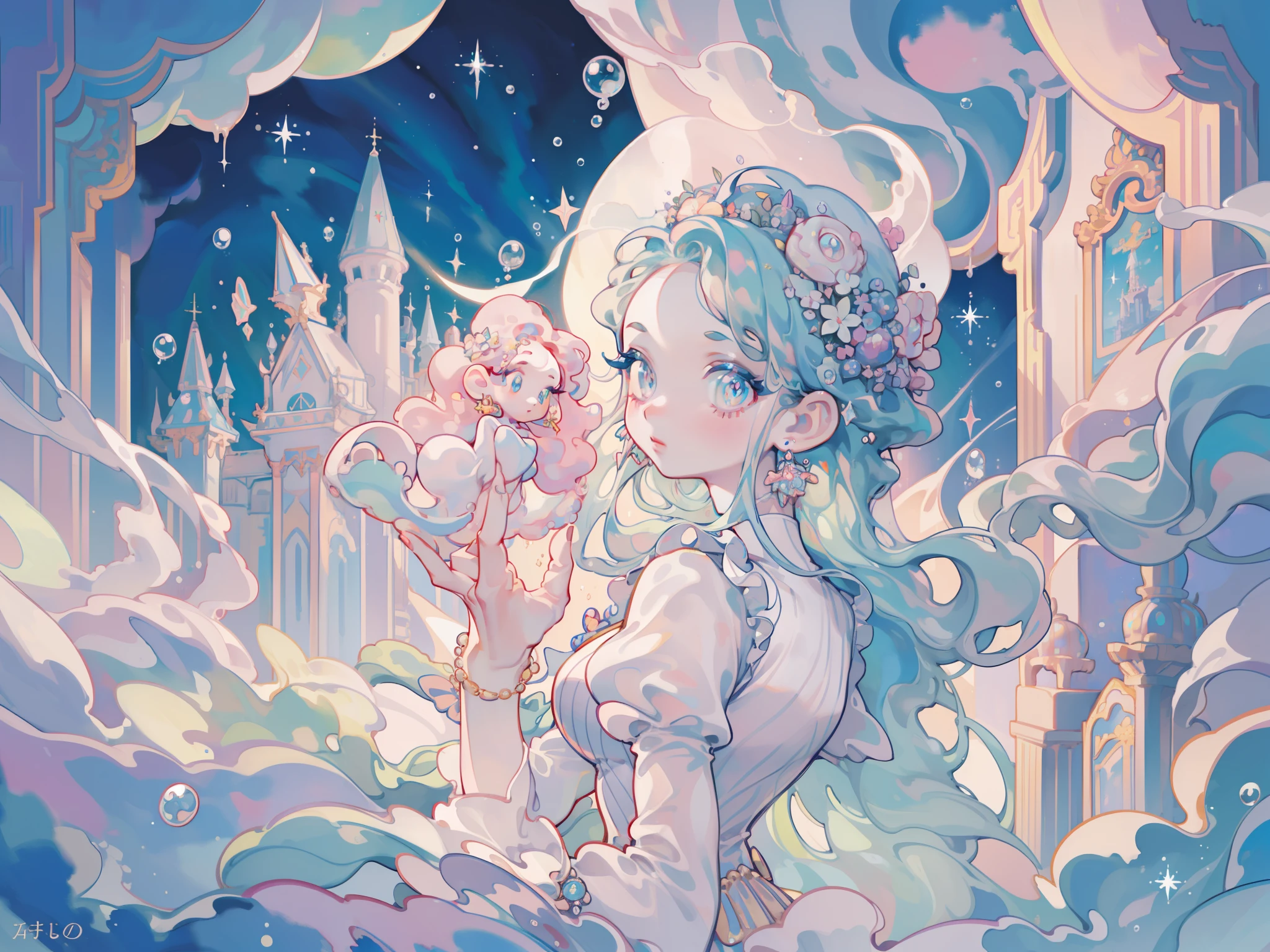 masterpiece, best quality, 8k resolution, sharp focus, intricate detail, beautiful girl, sparkling eyes, golden ratio face, otherworldly liquid, watercolor, ((pastel colors)), bright colors, whimsical, colorful, sharp focus, high resolution, fine detail, princess fantasy ballgown, ((round eyes)), iridescent bubbles, castle landscape in background, (portrait)