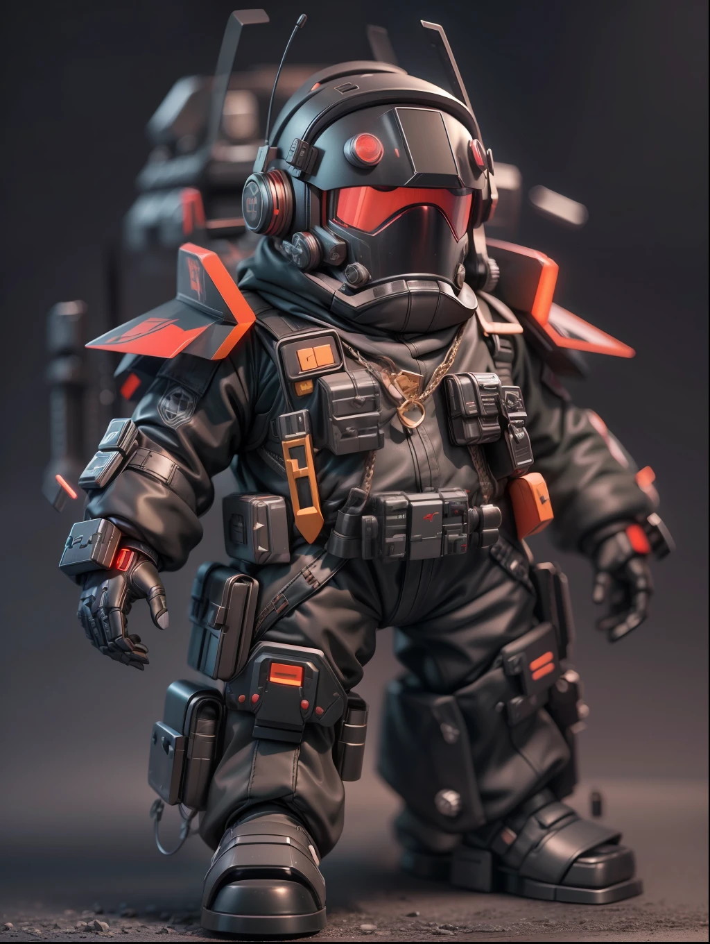 (Blind box toy style:1.2), (Full body shot) , 1 cute fat metal male machine gunner, Metal mech,Metal opaque helmet, cyber punk perssonage, dreamy glow, Clean, Black draft,Red and black style, ( Global illumination, Ray traching, hdr, unreal render,reasonable design, high detal, Masterpiece, Best quality, hyper HD, Cinematic lighting)