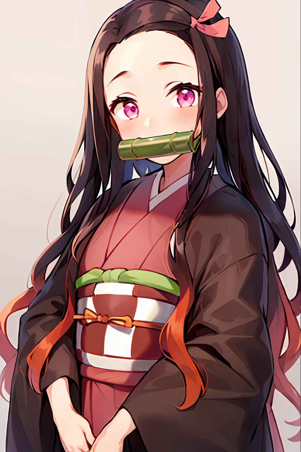 kamado nezuko, 1girl, bamboo, bit gag, brown hair, checkered sash, gag, gagged, gradient hair, hair ribbon, haori, japanese clothes, kimono, long hair, looking at viewer, multicolored hair, orange hair, pink eyes, pink kimono, pink ribbon, ribbon, solo, upper body,   ((masterpiece))