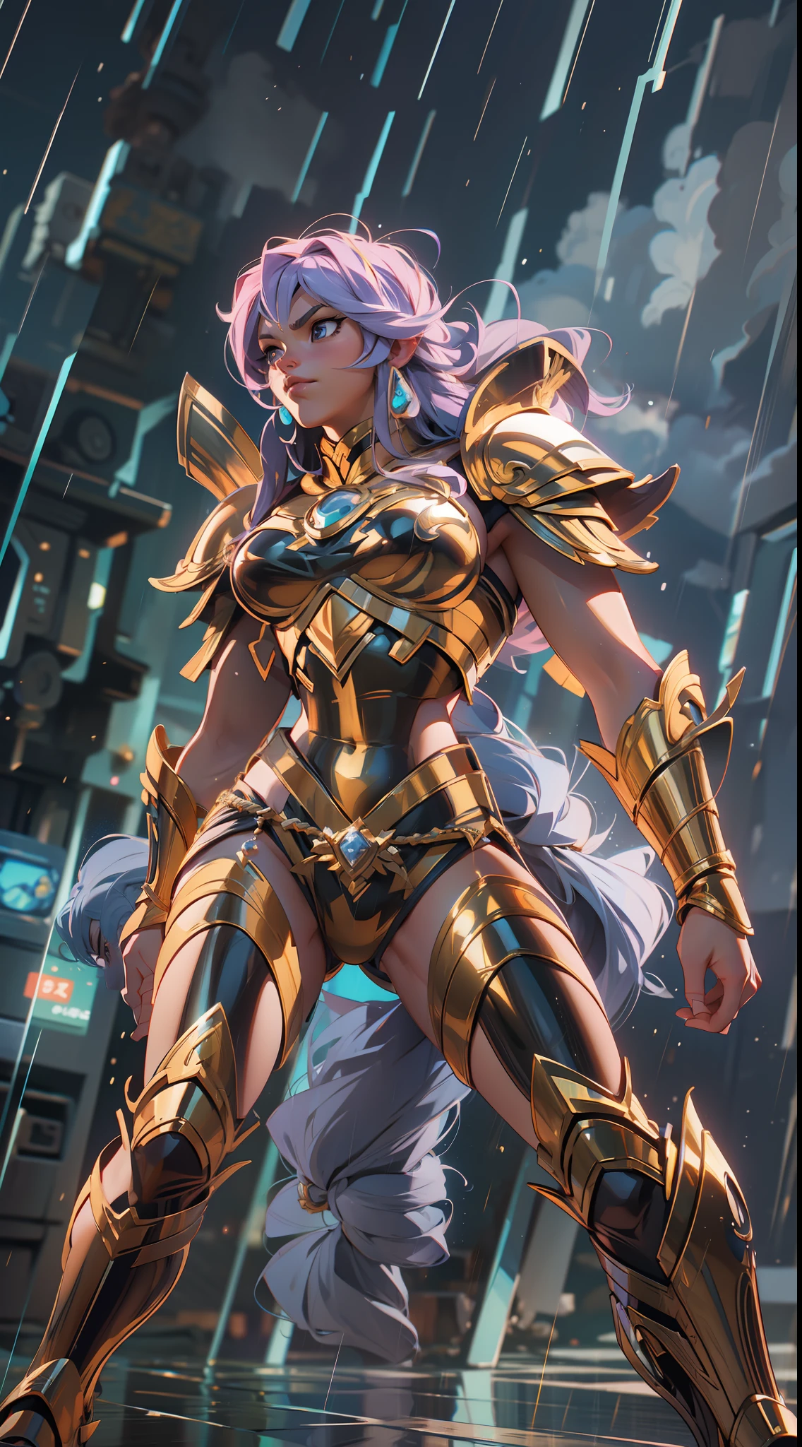 saint seiya, Athena Saori Kido , super strong, muscular, raining, 35mm lens, photography, ultra details, precise texture details HDR, UHD,64K,