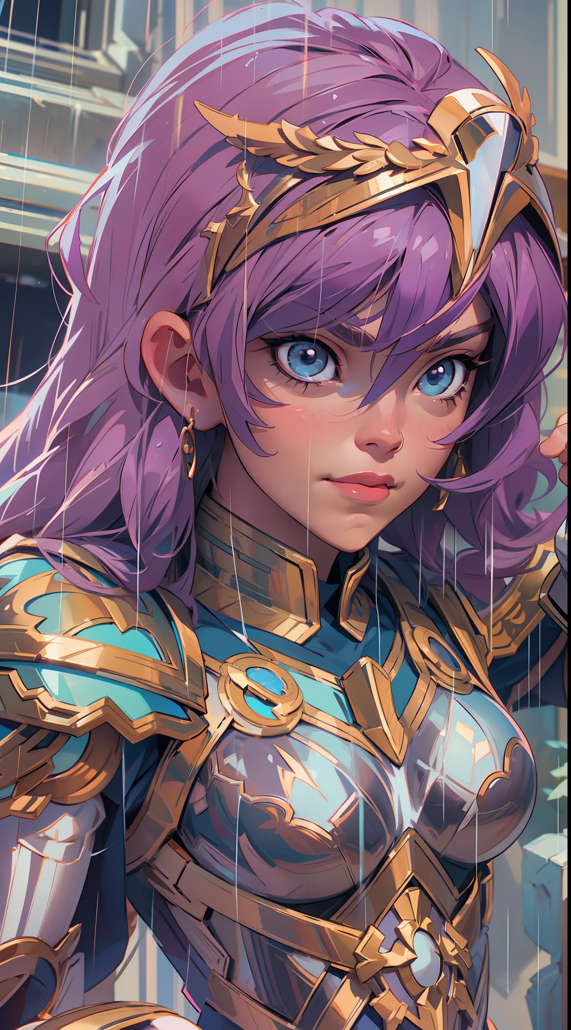saint seiya, Athena Saori Kido , super strong, muscular, raining, 35mm lens, photography, ultra details, precise texture details HDR, UHD,64K,
