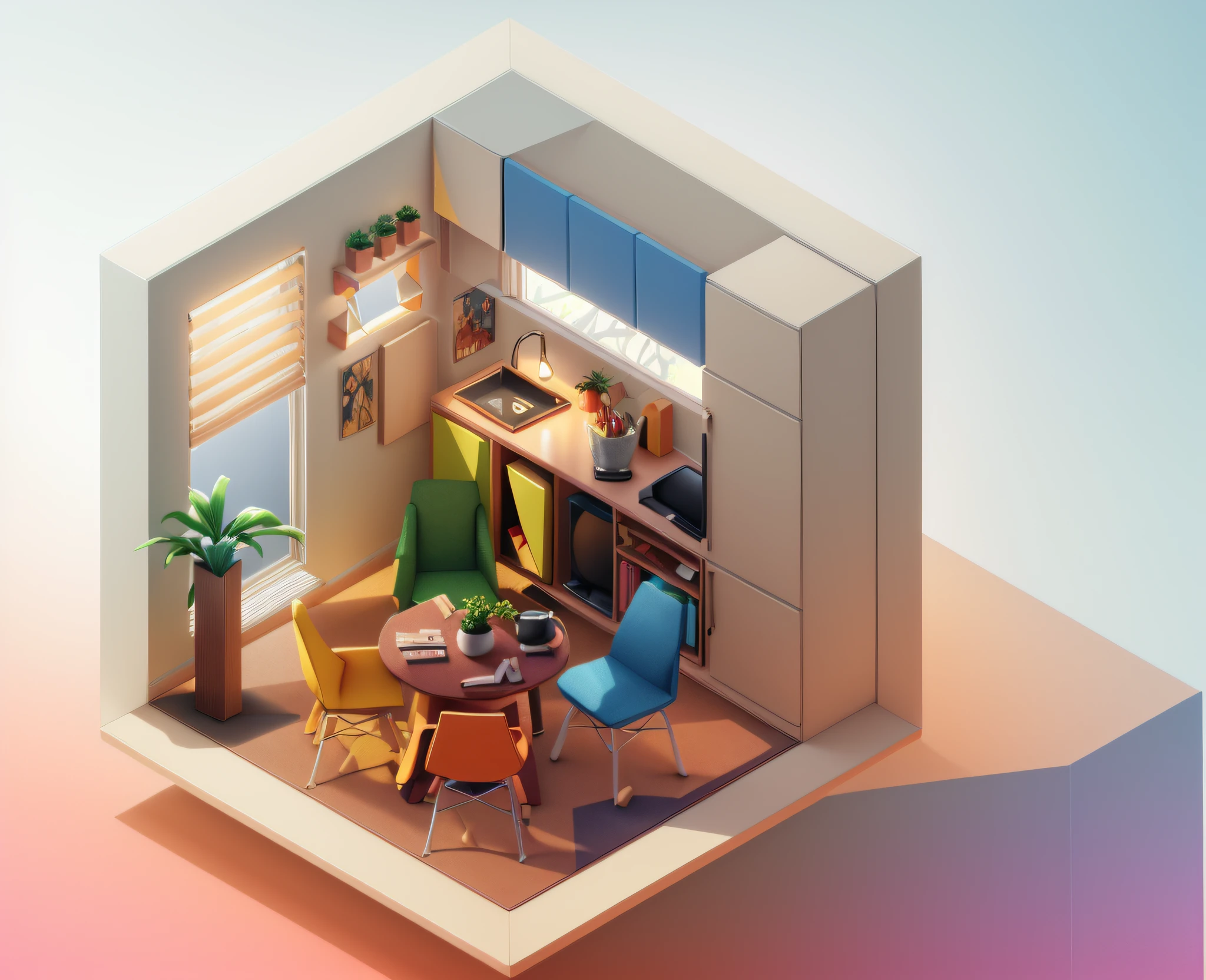 (Isometric perspective:1.5),(Pixar style:1.2), Room, bed, sofa,(small bonsai:0.8),desk lamp, TV, mural, 3D,Disney,Panoramic photo,White background, solid background,Global illumination, raytracing, modeling,HDR,octane render,unreal render,behance,dribbble,artstation,best quality, 8k,