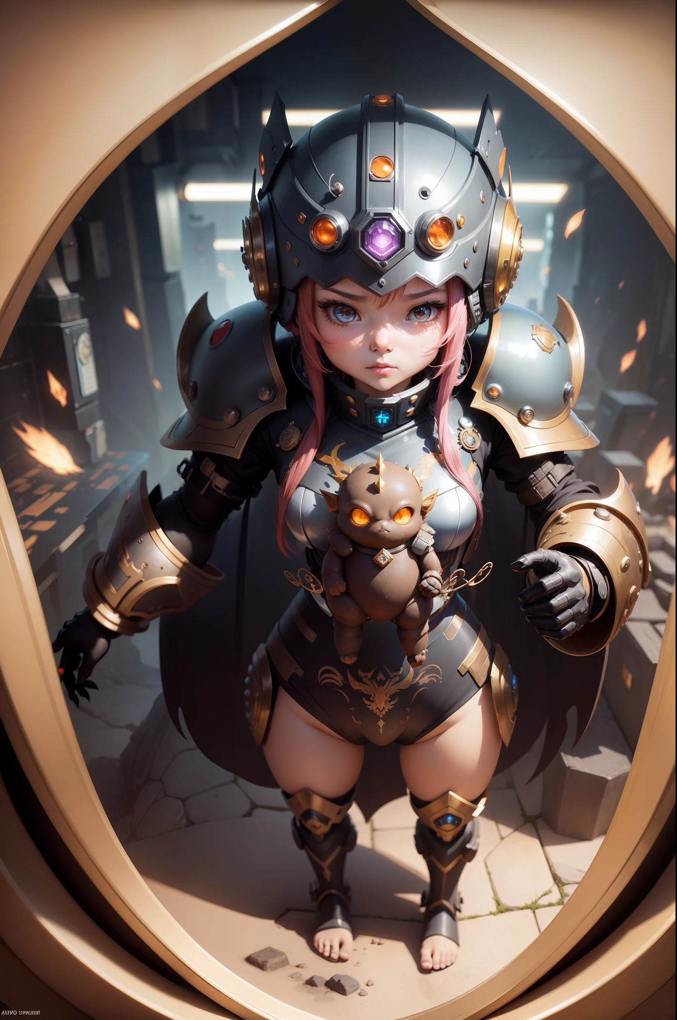 anime style cute chibi miniature creature giant golem colossus, Hsiao Ron, Anna Dittmann, WLOP, Moebius, first person perspective, high tech mecha suit armour, wearing a helmet, fantasy-inspired art, tilt-shift lenses, intricate embellishments, inspired by folklore, detailed facial features, 32k uhd, unique character design --ar 3:2 --v 4