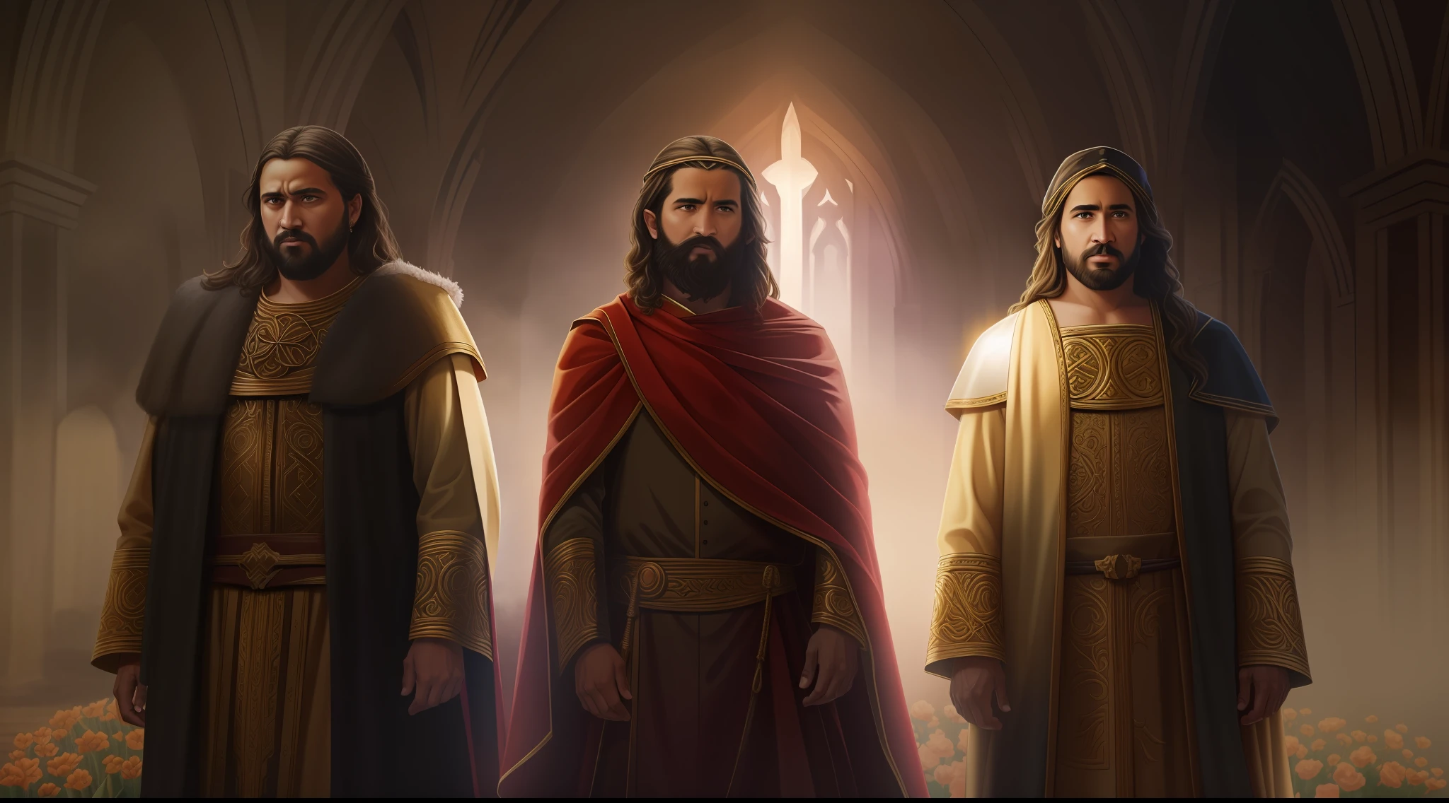 Image of the three Shadrach prophets, Meshach and Abednego,, (face focus: 1.2), out of it, Looking at the Viewer, realistic, master piece, very high quality, dark castle background, (Lens flare: 1.1), (bloom : 1.1), (chromatic aberration:1.1), Director: Jeremy Lipking, Director: Anthony J. Manzanedo