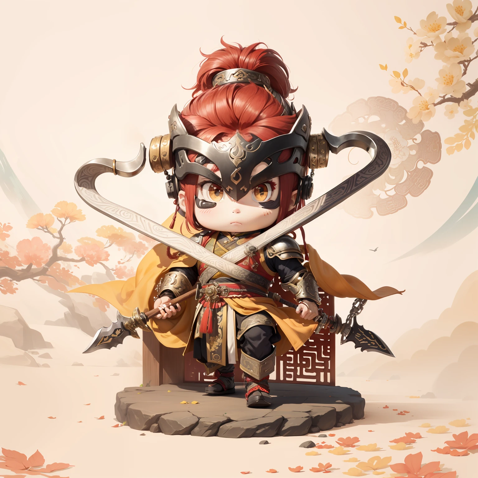 male people，Male characters，tchibi，Bad，Arms，Double hook weapon，Ancient Chinese weapon: crescent hook，The handle has a delicate pattern，Shoulder blades，metal breastplate，chainmail，Animal pattern cuirass，chest plate，Bracers，Flowing hem，China-style，Chinese-style clothing，Chinese shoes，There are beautiful patterns on the weapon grips，Refinement，Fine painting，Refinement，infinite details，high definition detail，Patterned，Pattern，Blank background，Bright colors，Metal edging