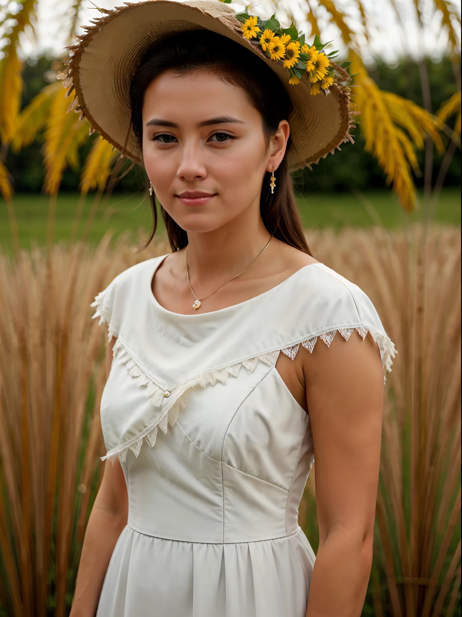 1european woman, a 30 y.o , portrait shot, standing behind the reed, clearly face, rich detail, wearing white dress, with sun behind, bokeh, masterpiece, best quality, 8k uhd, dslr, film grain, taken by Nikon D700 photorealistic painting art by midjourney, sigma art 85mm, f1:1.4