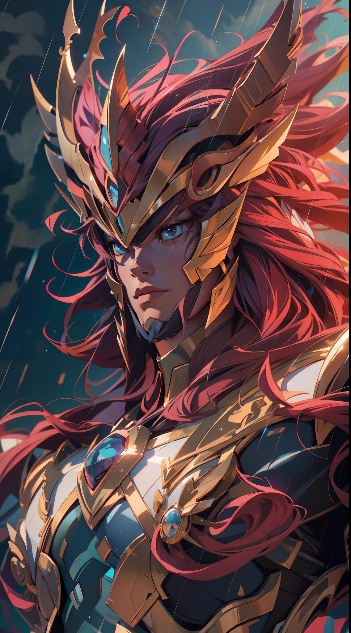 saint seiya phoenix ikki , super strong, muscular, raining, 35mm lens, photography, ultra details, precise texture details HDR, UHD,64K,