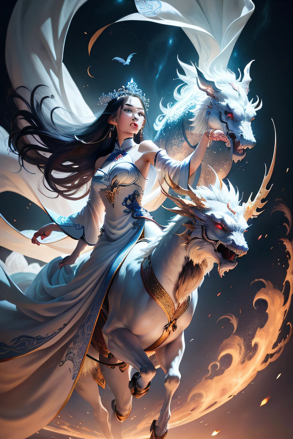 In a captivating image, an elegant woman clad in a white Chinese gown glides through the sky atop a mythical Chinese dragon. As they traverse the heavens, her flowing gown and the dragon's iridescent scales create a mesmerizing vision of harmony and otherworldly beauty.
hdr, (photorealism, masterpiece quality, best quality), , pureerosface_v1,ulzzang-6500-v1.1,