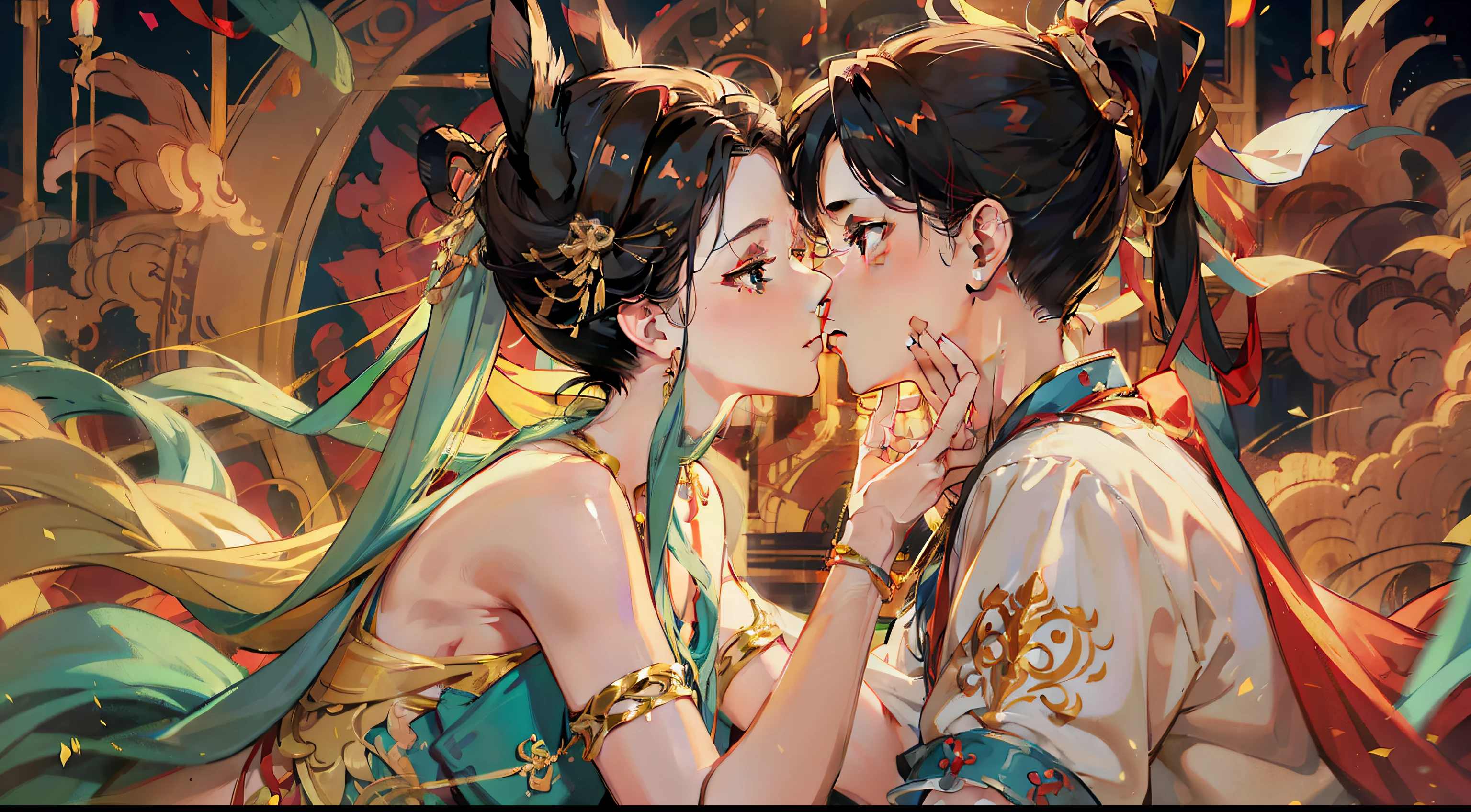 A woman tries to kiss a man。two guys