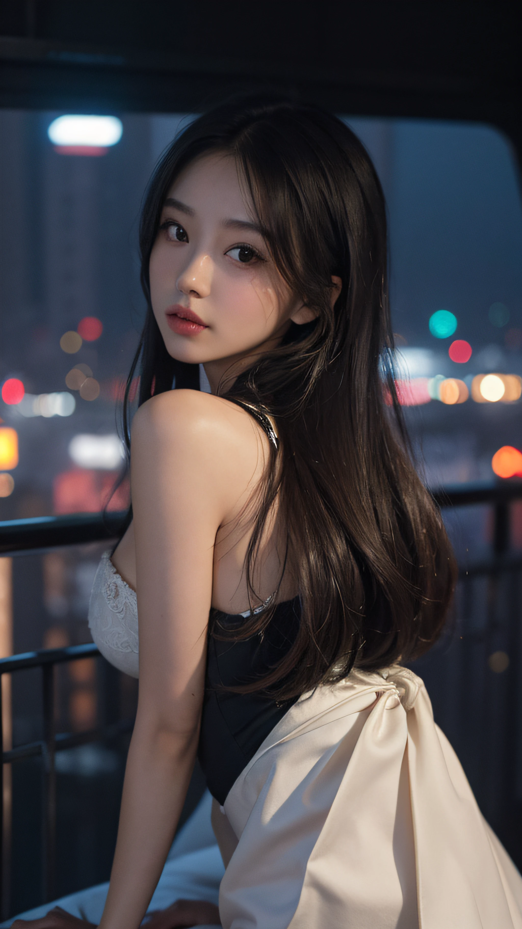 (tmasterpiece,超高分辨率,8K UHD,best qualtiy,RAW photogr,realisticlying,realisticlying,photo-realistic,Real Human,RAW photos),((1 girl)),tech sense,CG,unified,the wallpaper,offcial art,astounding,finely detailled,Extremely refined and beautiful,The is very detailed,highly detailed,Clear focus,Rich background,vague background, Background bokeh,Dingdall effect,(photon maping,Radio City,physically-based renderingt,automatic white balance),Dark Studio,edge lit,twotonelighting, Digital SLR, softlighting, high qulity, (((highdetailskin:1.2,Visible Pore))),((facial closeups))),((mediuml breasts:1.2)),20yr old,Chinese girls,1girl, Tokyo Street, natta, view over city, City lights, The upper part of the body