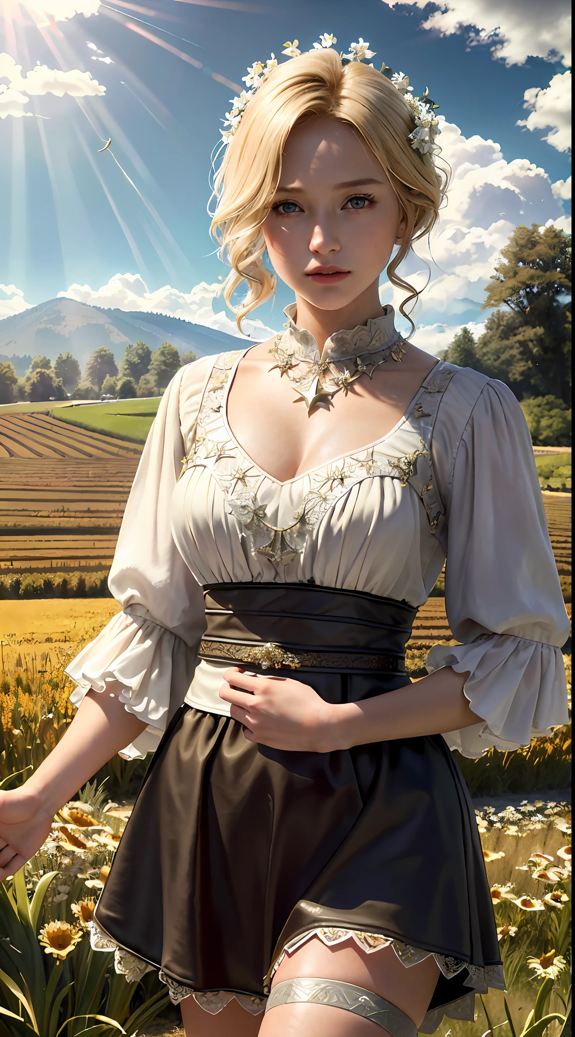 (realistic:1.3), finely detailed, quality, rembrandt lighting, (masterpiece:1.2), (photorealistic:1.2), (best quality), (detailed skin:1.3), (intricate details), dramatic, ray tracing, 1girl, american white girl, blonde hair, 21 years old, medium breasts, (Meadow, Sun, Clouds, Field, Farming, Starlight, Walking trail)