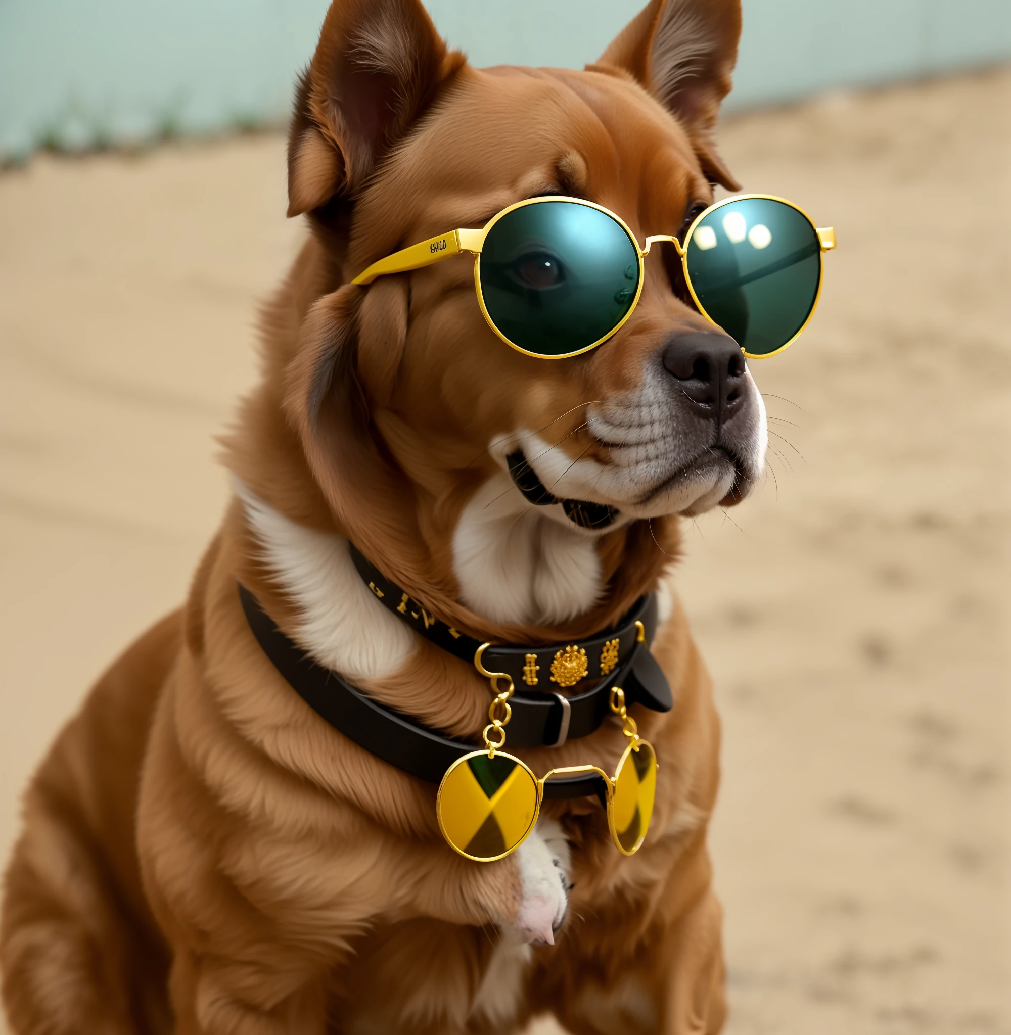 Cachorro usando coroa, sunglasses, colar com um pingente em forma com a letra C no centro, detalhes intrincados, highes definition