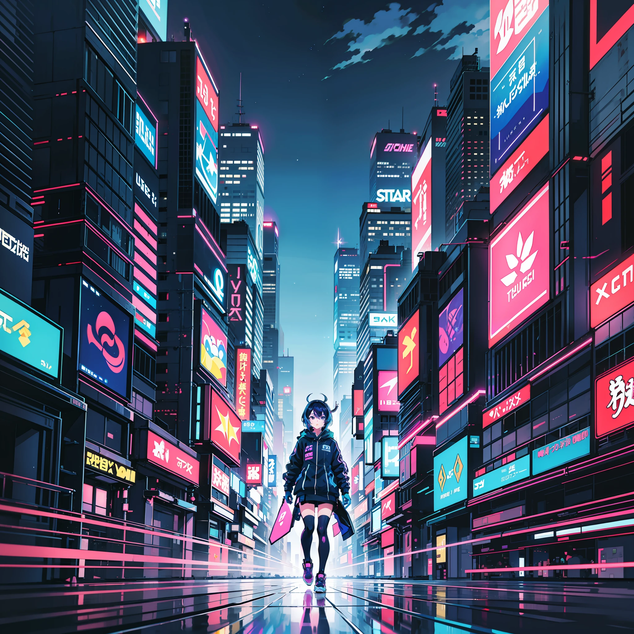 cool wallpaper for girls, dark blue and purple colors, neon lights, futuristic city skyline, stars, space elements, abstract geometric shapes, digital glitch effects, anime characters, graffiti art, trendy aesthetic, 4k resolution