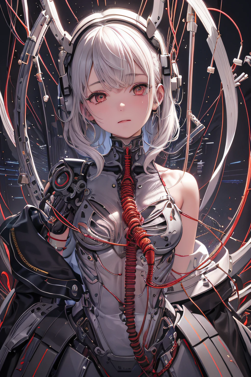 (obra-prima, qualidade superior, melhor qualidade, arte oficial, beautiful and aesthetic: 1.2), (1girl: 1.3), extremamente detalhado, colorido, mais detalhado ((ultra-detalhado)), (Highly detailed CG illustration), ((uma extremamente delicado e bonito)),(de lado),cinematiclight,((1Mechanical girl)),solo,corpo inteiro,(machine-made joints:1.2),((machanical limbs)),(Blood Vessels Attached to Tubes), (mechanical vertebra attached to the back),((mechanical cervial attached to the neck)),(sentado),no expression,(wires and cables attached to the neck:1.2),(wires and cables on the head:1.2)(foco no personagem),science fiction, fundo negro, (sangue: 1,5), lasers rosa.