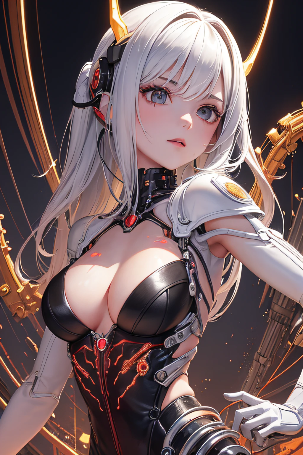 (obra-prima, qualidade superior, melhor qualidade, arte oficial, beautiful and aesthetic: 1.2), (1girl: 1.3), extremamente detalhado, colorido, mais detalhado ((ultra-detalhado)), (Highly detailed CG illustration), ((uma extremamente delicado e bonito)),(de lado),cinematiclight,((1Mechanical girl)),solo,corpo inteiro,(machine-made joints:1.2),((machanical limbs)),(Blood Vessels Attached to Tubes), (mechanical vertebra attached to the back),((mechanical cervial attached to the neck)),(sentado),no expression,(wires and cables attached to the neck:1.2),(wires and cables on the head:1.2)(foco no personagem),science fiction, fundo ?????, (sangue: 1,5), lasers rosa.